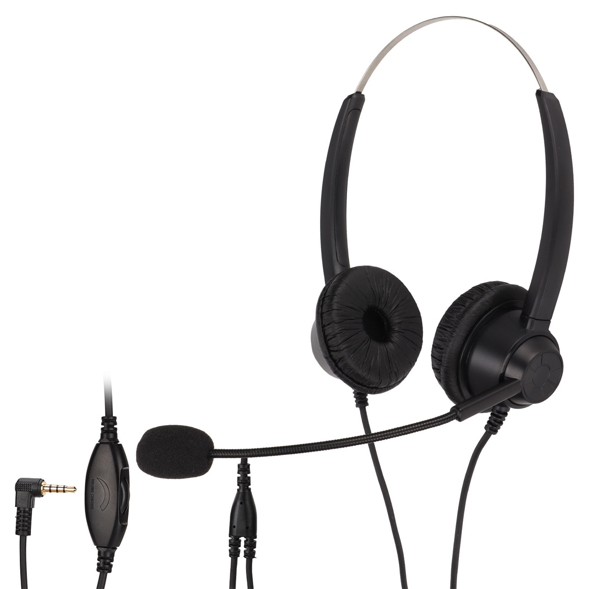 Schwarzes Headset mit Mikrofon und Steuermodul.