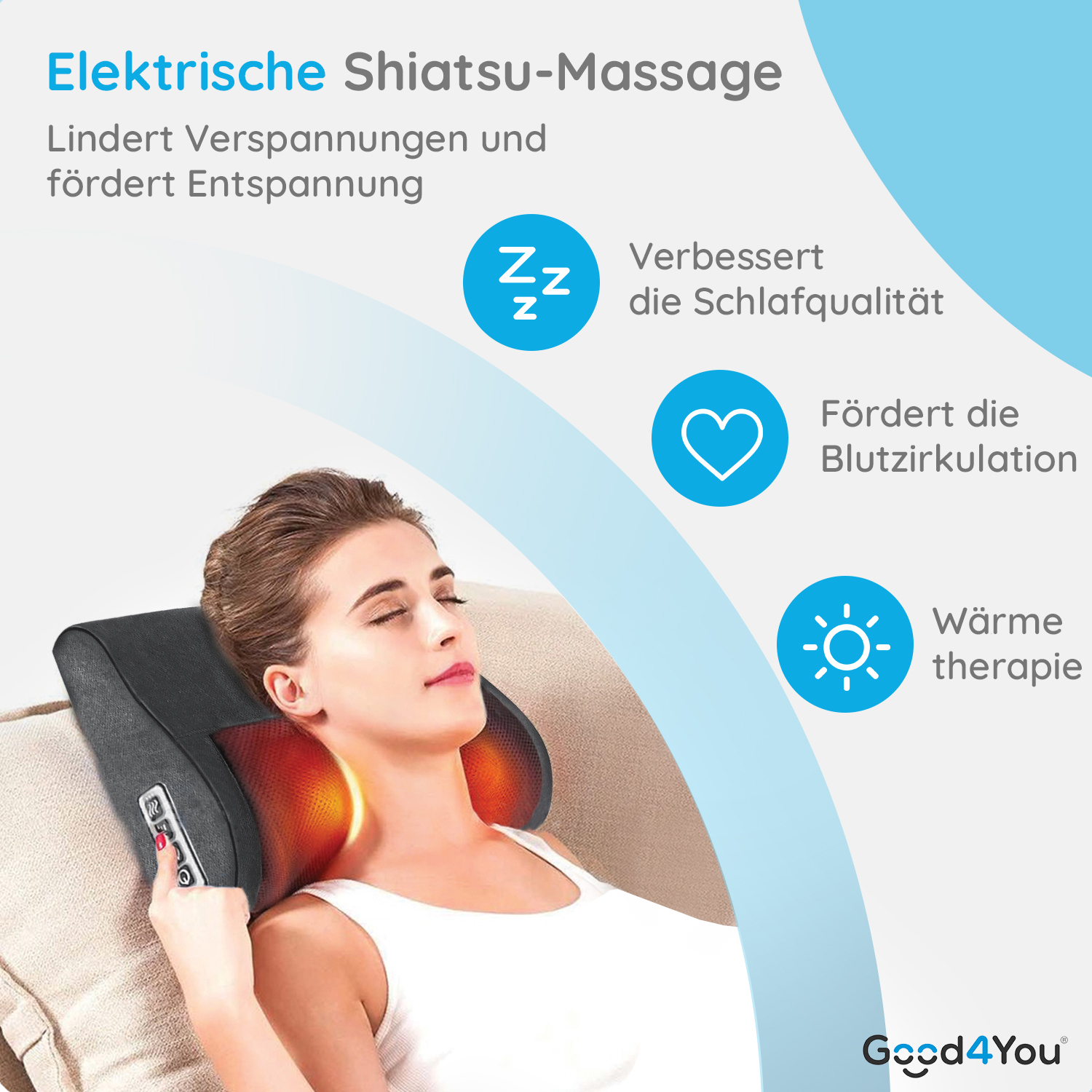 Frau mit Nackenmassagegerät. Nahaufnahme, die die Vorteile zeigt. Weißer Hintergrund, gesundes Leben.
