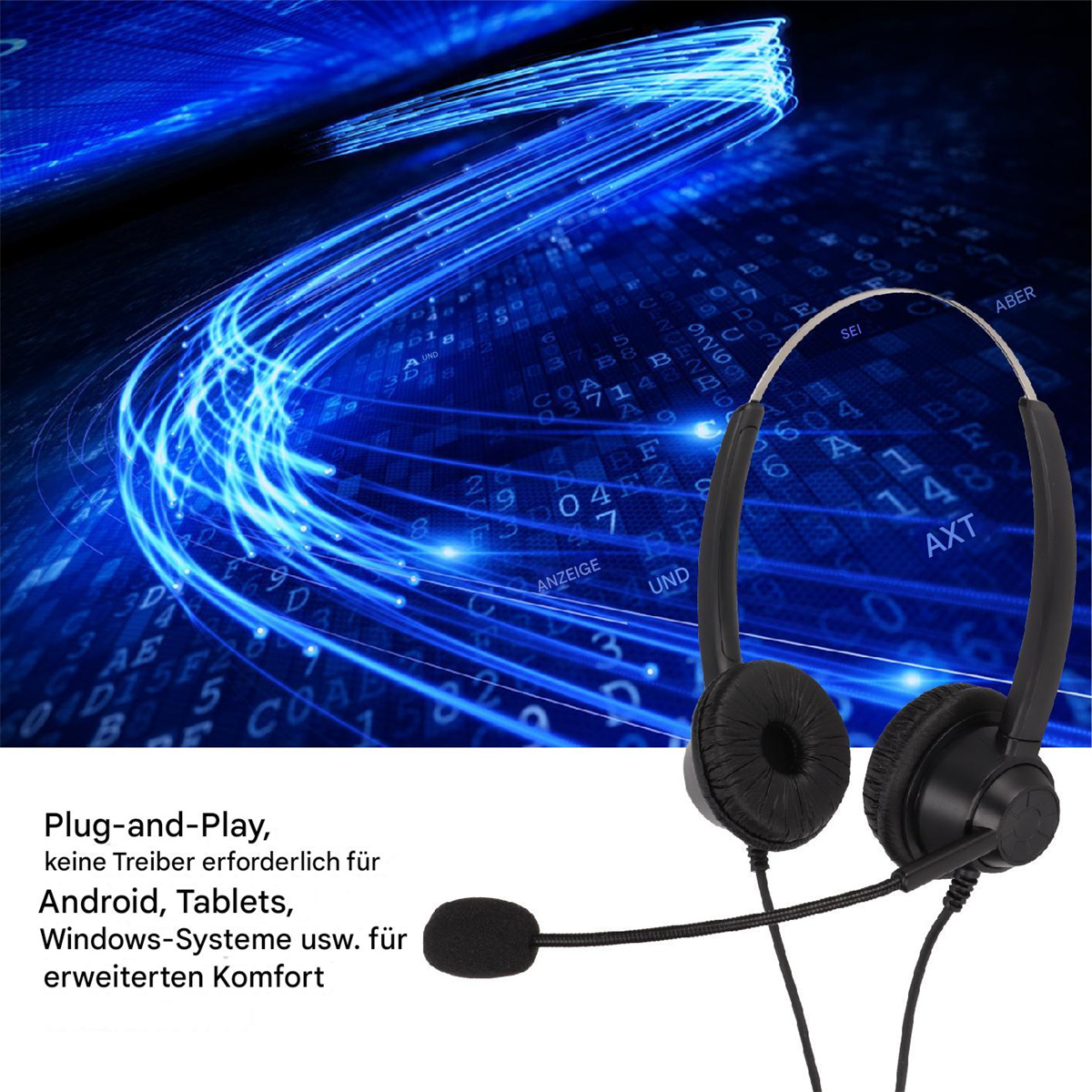 Schwarzes Headset mit Mikrofon, Kabel und blauem Hintergrund.