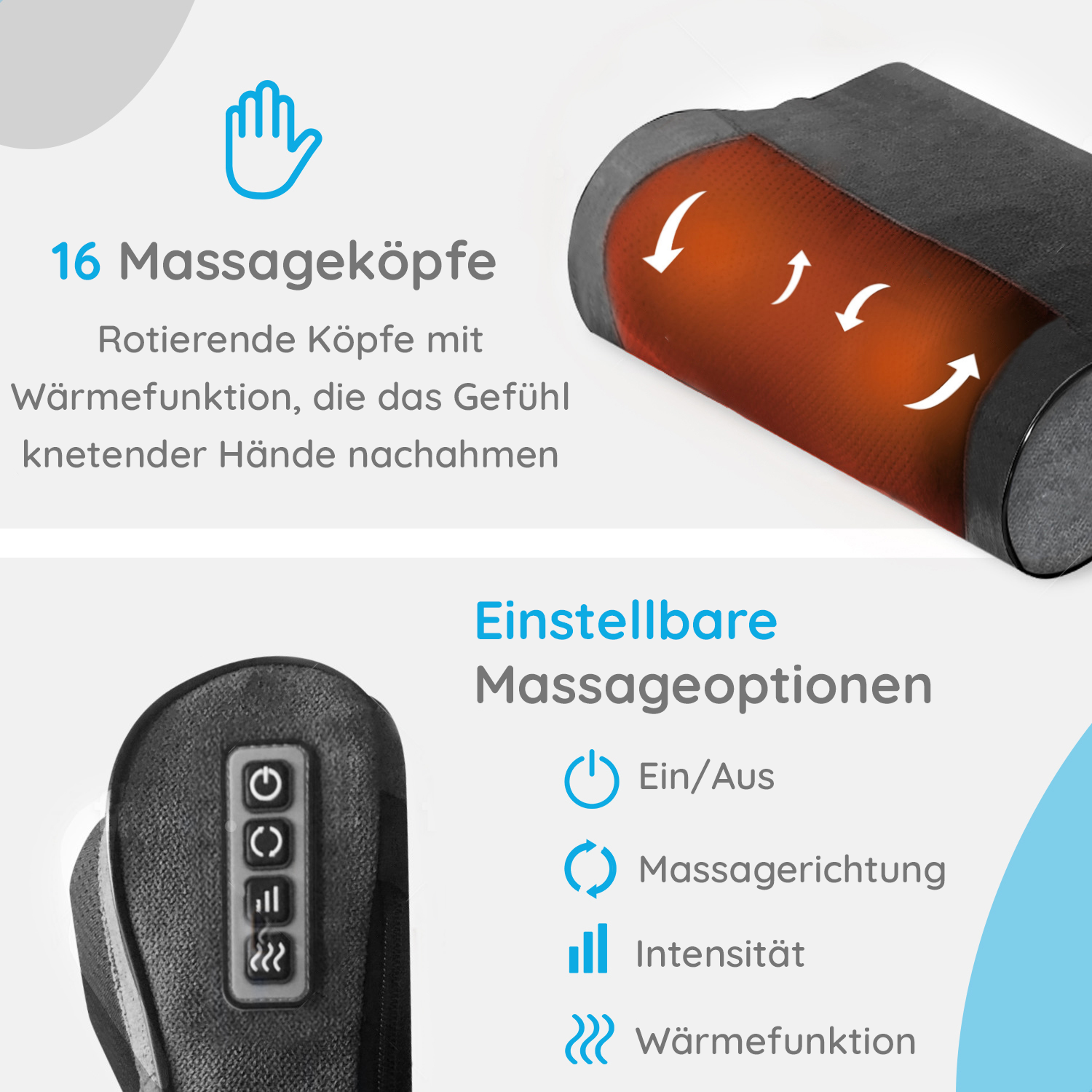 Nackenmassagegerät mit Bedienfeld, das Leistung, Massagerichtung und Intensität anzeigt. Funktionen werden angezeigt.