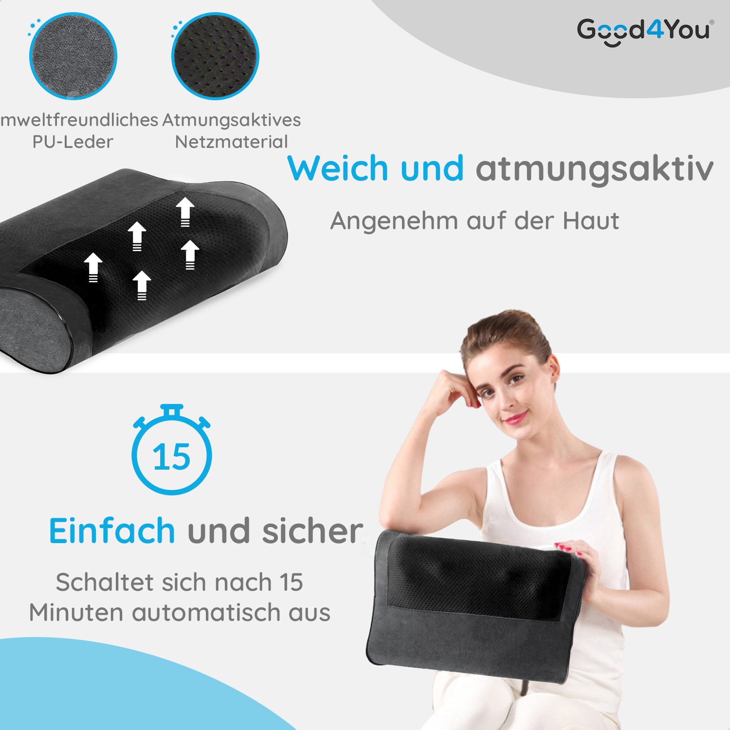 Eine Frau, die ein Kissen hält, mit Text darüber, dass es weich und atmungsaktiv ist.