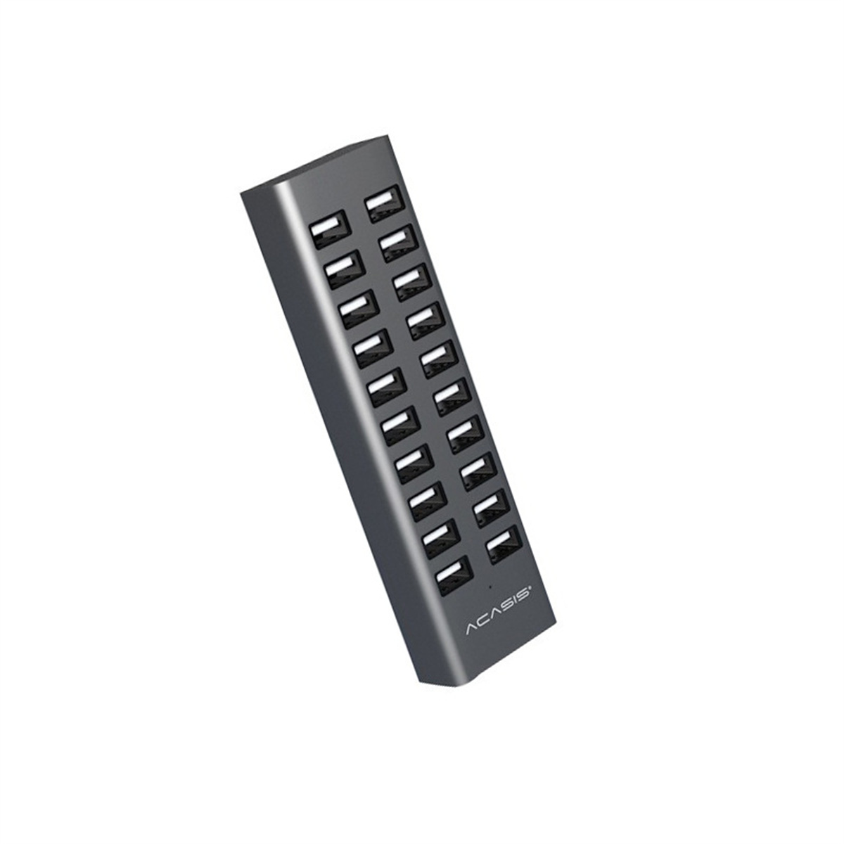 Grauer USB-Hub mit 20 Anschlüssen, zum Betrachter geneigt, auf weißem Hintergrund.