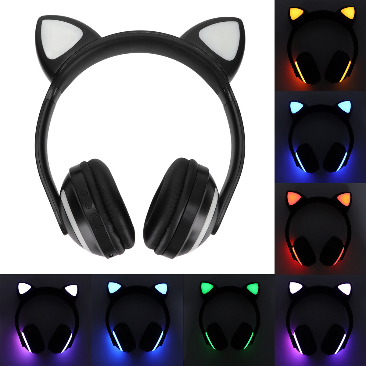 Katzenohr-Kopfhörer mit verschiedenfarbigen LED-Leuchten auf schwarzem Hintergrund.
