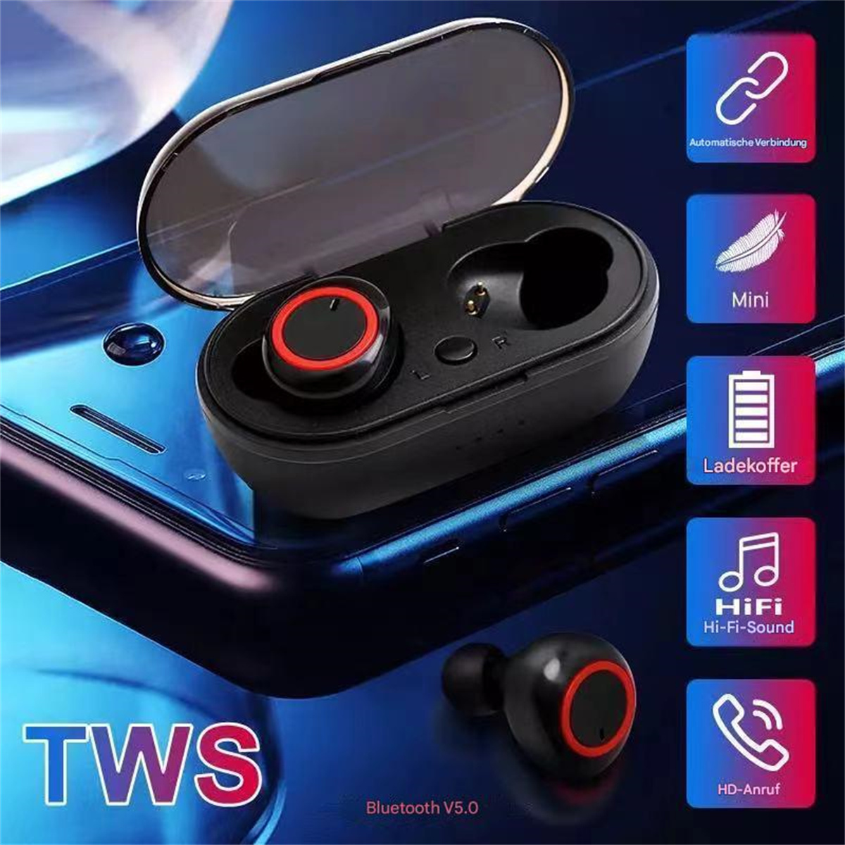 Schwarze Ohrhörer in einer Ladebox, neben einem losen Ohrhörer. Features sind Bluetooth und Hi-Fi-Sound.