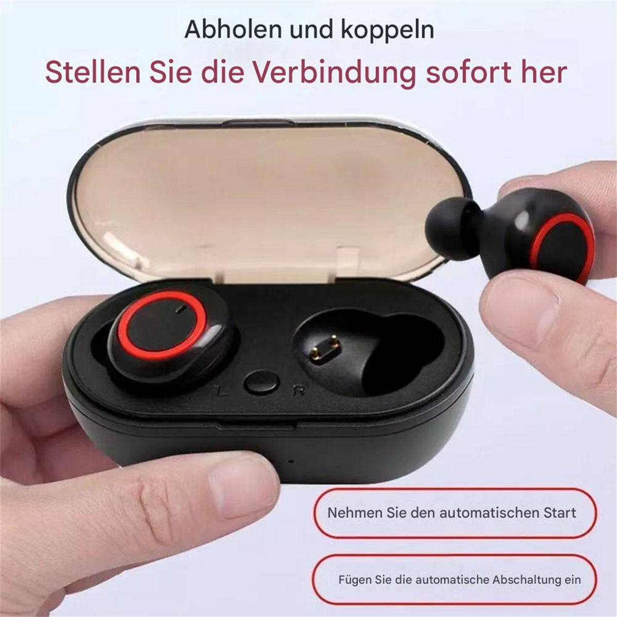 Ohrhörer in einem Etui, Hand hält es, Text zum sofortigen Verbinden.