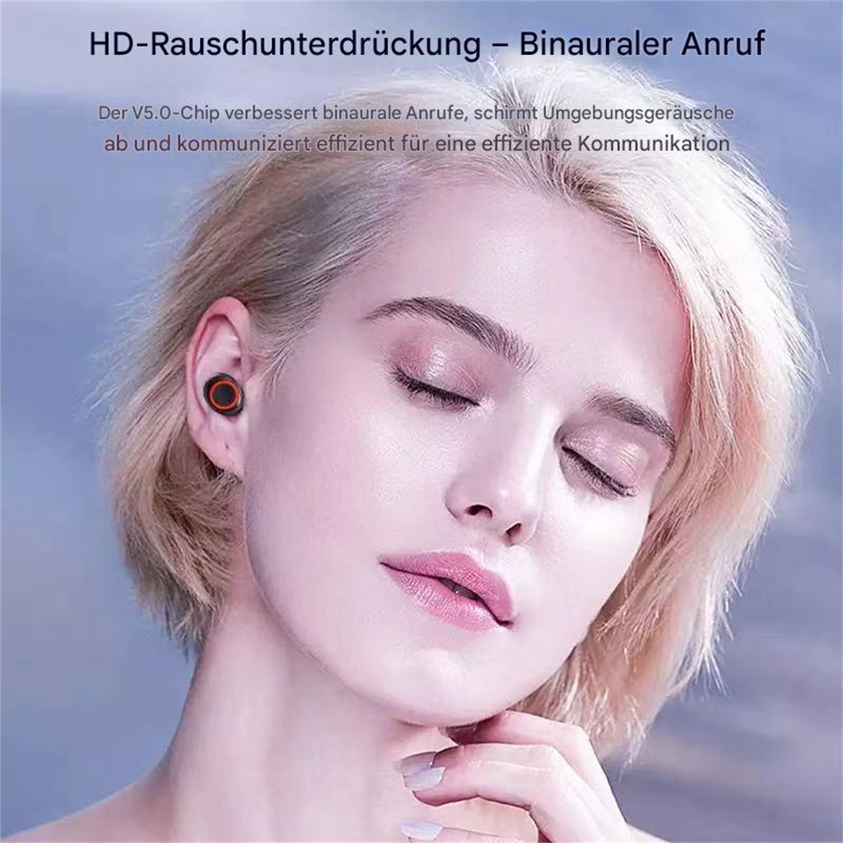 Frau mit Ohrhörern im Ohr, mit Text zur Geräuschreduzierung.