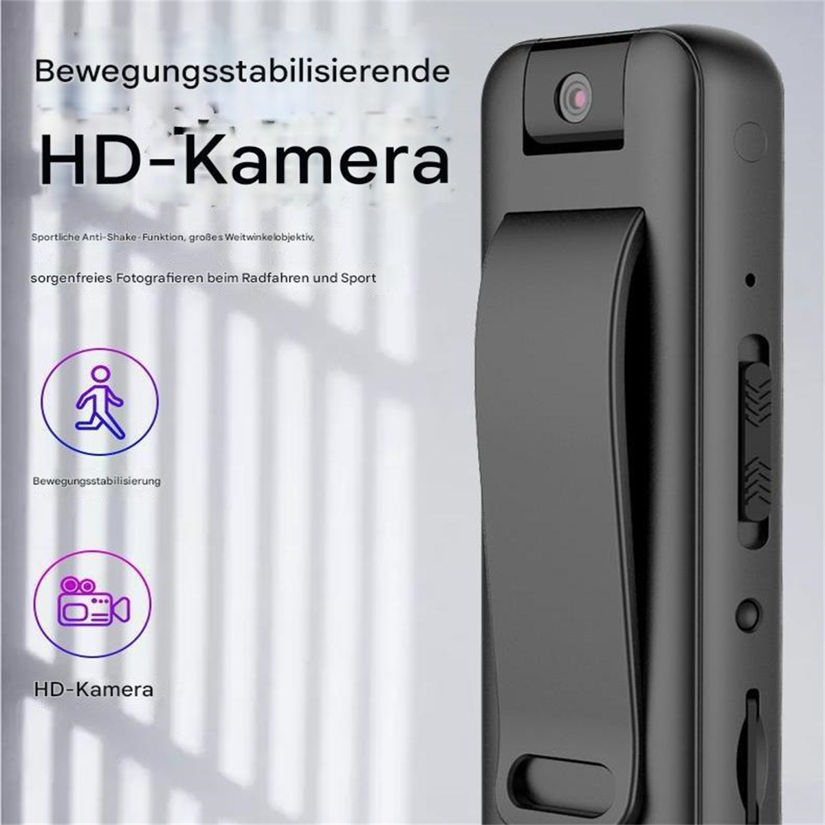 Eine schwarze HD-Kamera mit Clip. Mit Knöpfen, Linse und Text-Overlay mit einem Symbol.