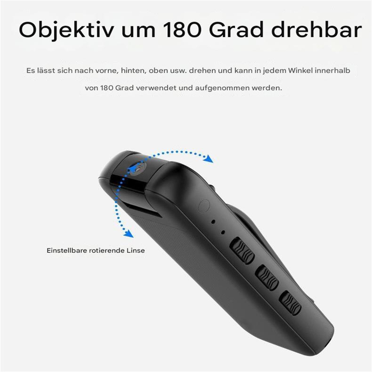 Ein kleines schwarzes Gerät mit Knöpfen, das die einstellbare Drehobjektivfunktion zeigt, und Text auf Deutsch.