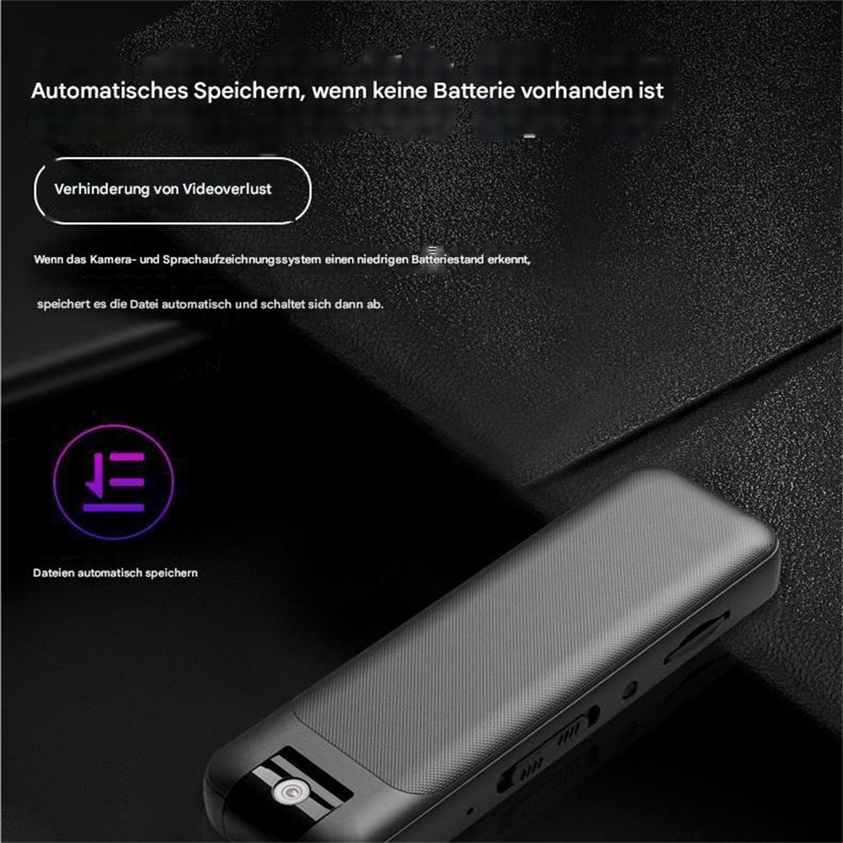 Schwarzes Gerät mit Text zum automatischen Speichern. Es hat eine runde Taste und weitere Details.