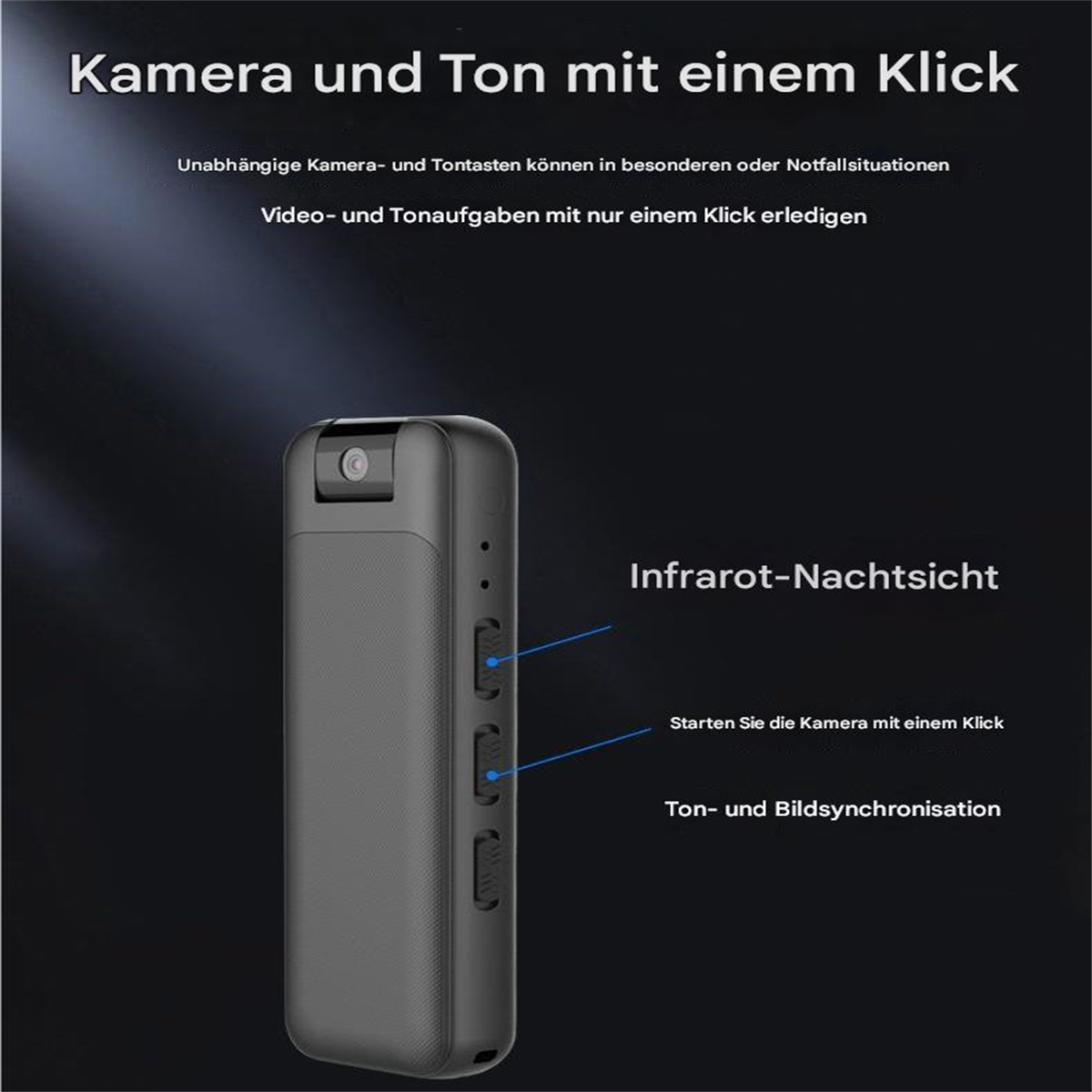 Kleine schwarze Kamera mit Knöpfen, Text hebt Funktionen hervor. Dunkler Hintergrund. Text auf Deutsch.