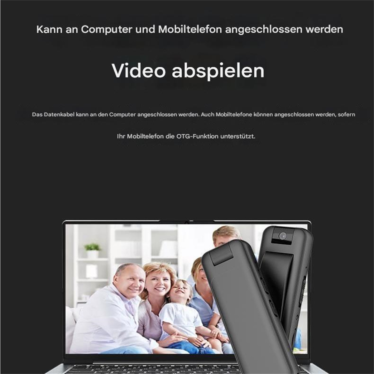 Ein Laptop-Bildschirm zeigt eine Familie. Vor dem Laptop befinden sich zwei schwarze Telefone.