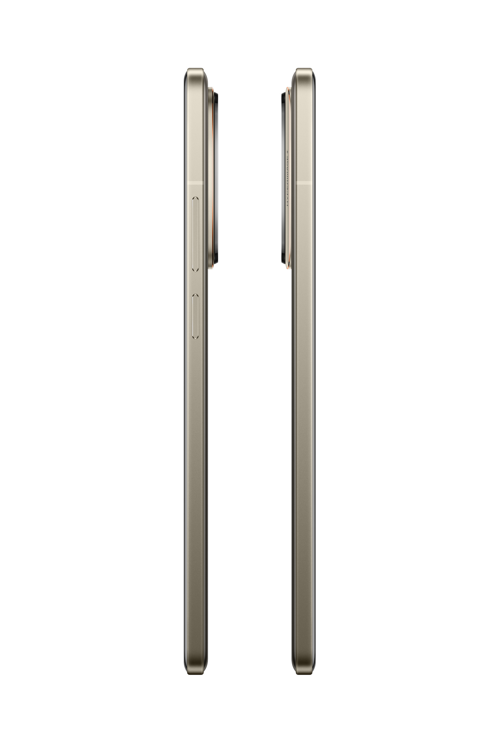 Dwa złote smartfony obok siebie, pokazujące profil.