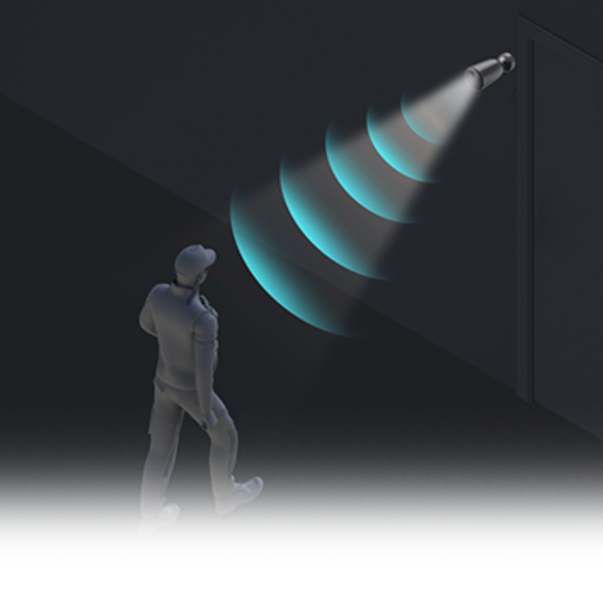 Mężczyzna idący w stronę drzwi z wiązką światła, reprezentujący bezpieczeństwo ze światłem.