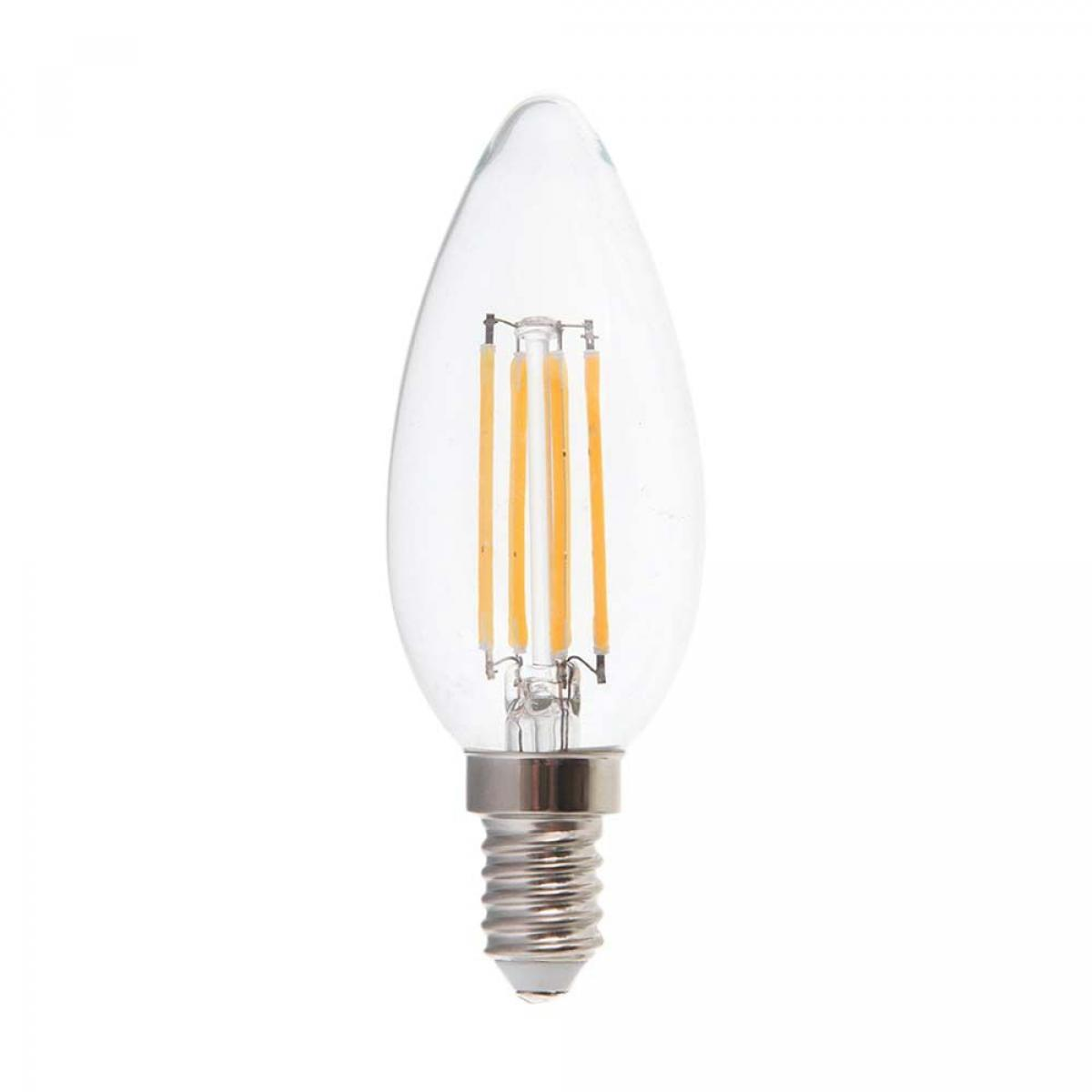 Una lampadina LED trasparente a forma di candela. I filamenti sono visibili all'interno.