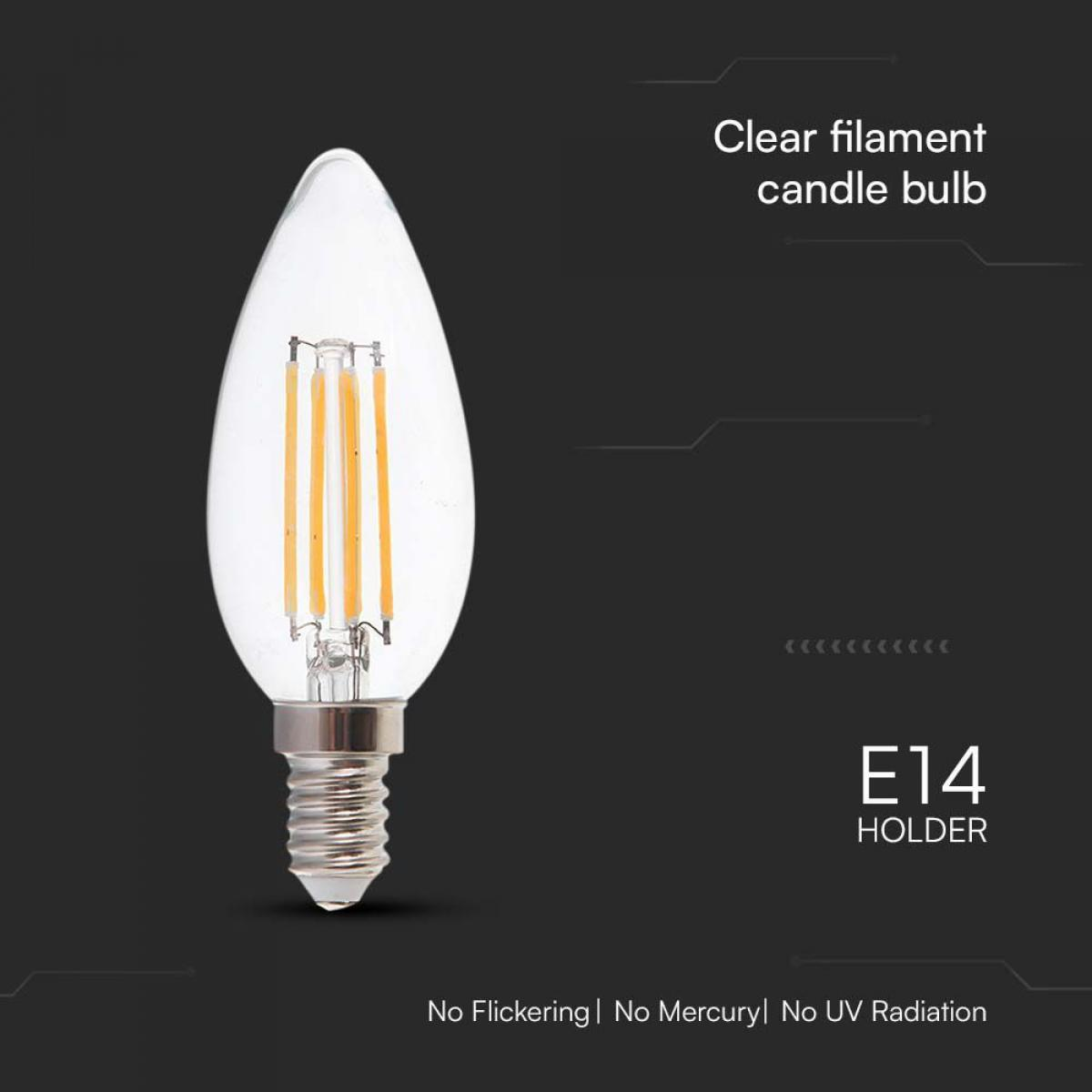 Una lampadina a candela a filamento trasparente con un supporto E14, con testo a destra.