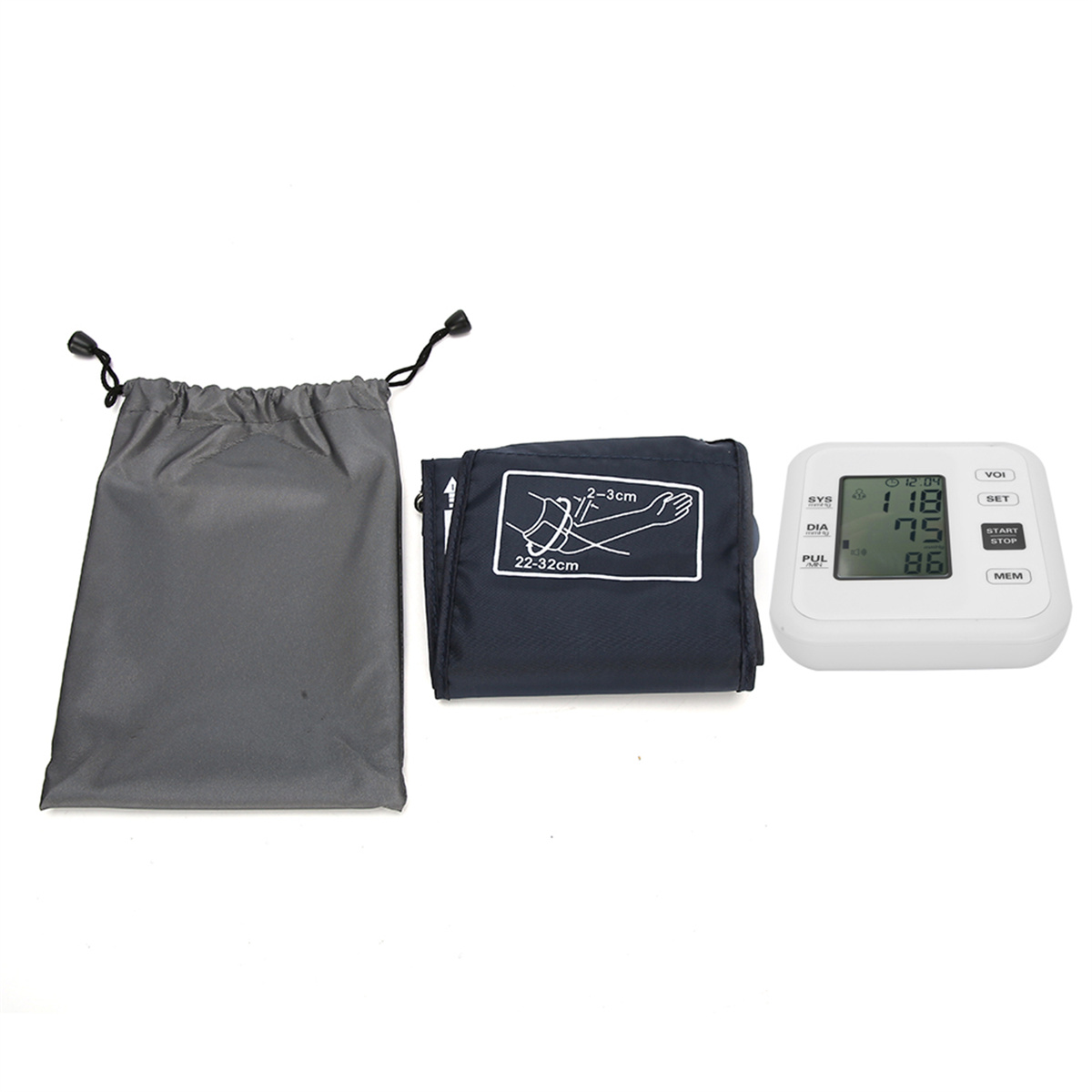 Blutdruckmessgerät-Set. Enthält Manschette, Beutel und Monitor. Weißer Hintergrund.