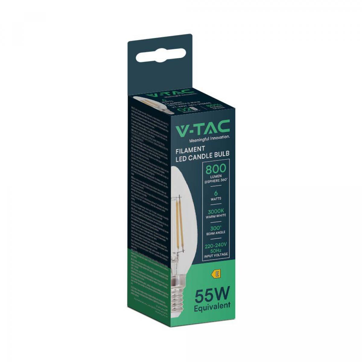 Lampadina a filamento LED in scatola. Luce bianca. Equivalente a 55W. Scatola verde scuro e bianca.
