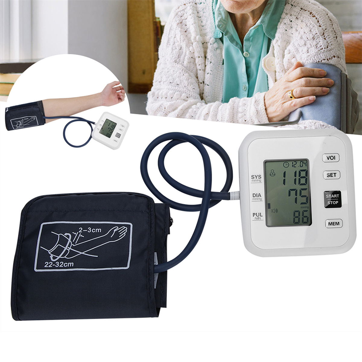 Arm mit Blutdruckmanschette. Digitalanzeige zeigt Blutdruckwerte.