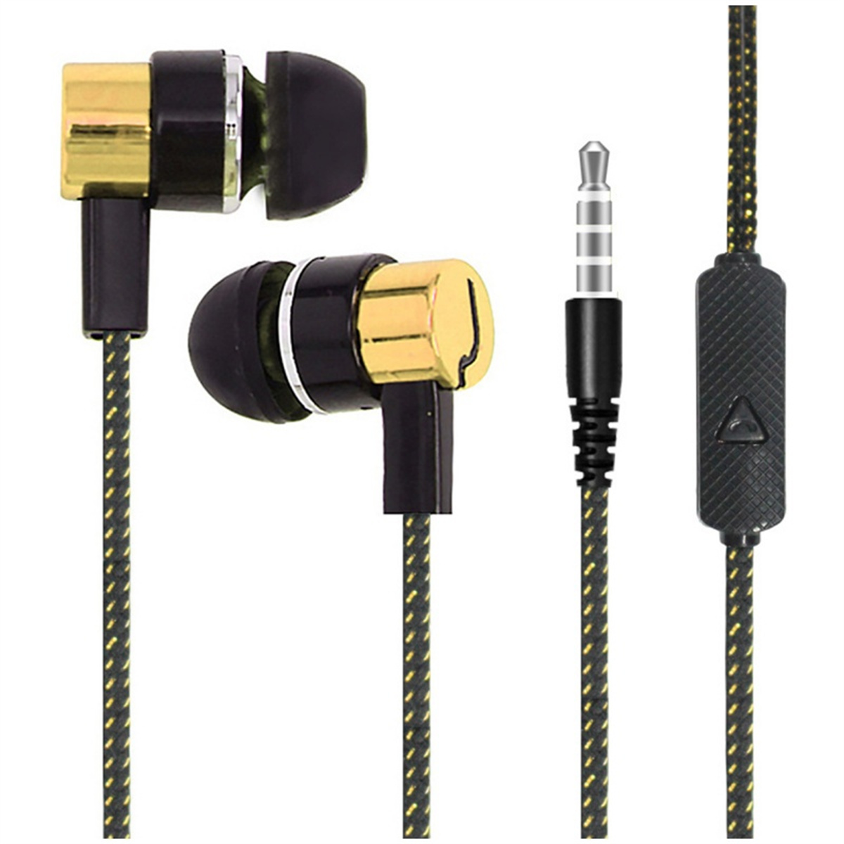 Kopfhörer mit Gold- und Schwarzakzenten, 3,5-mm-Klinke und Steuertaste. Weißer Hintergrund.