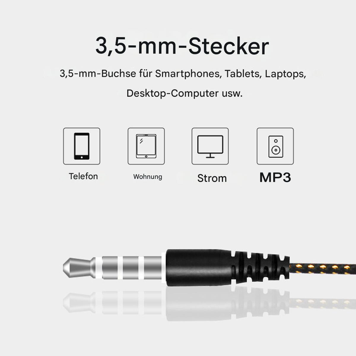 Silberner 3,5-mm-Audiostecker, mit Symbolen für Telefon, Zuhause, Strom und MP3.
