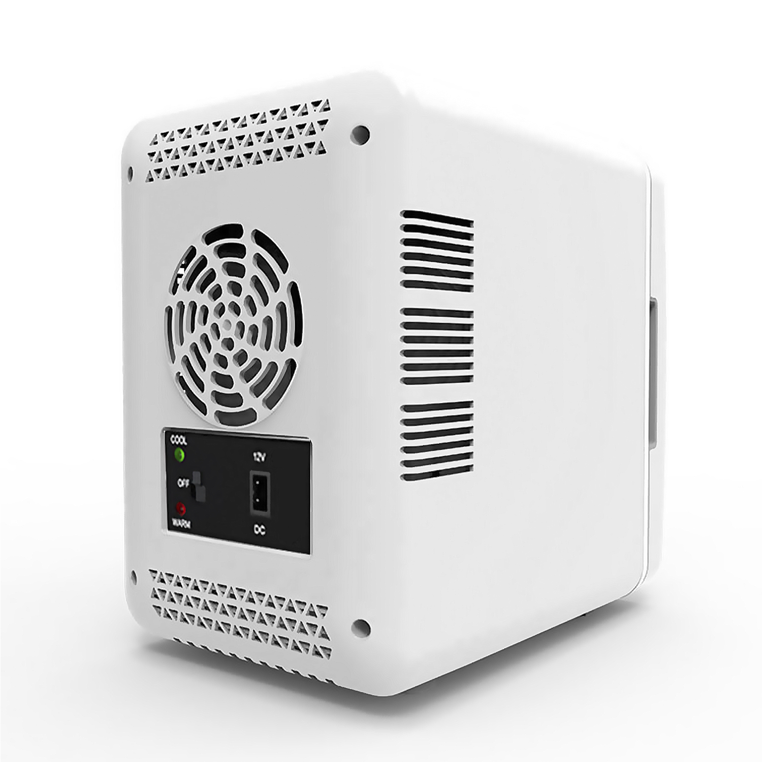 Mini frigo bianco con una presa d'aria, un interruttore e un ingresso di alimentazione.