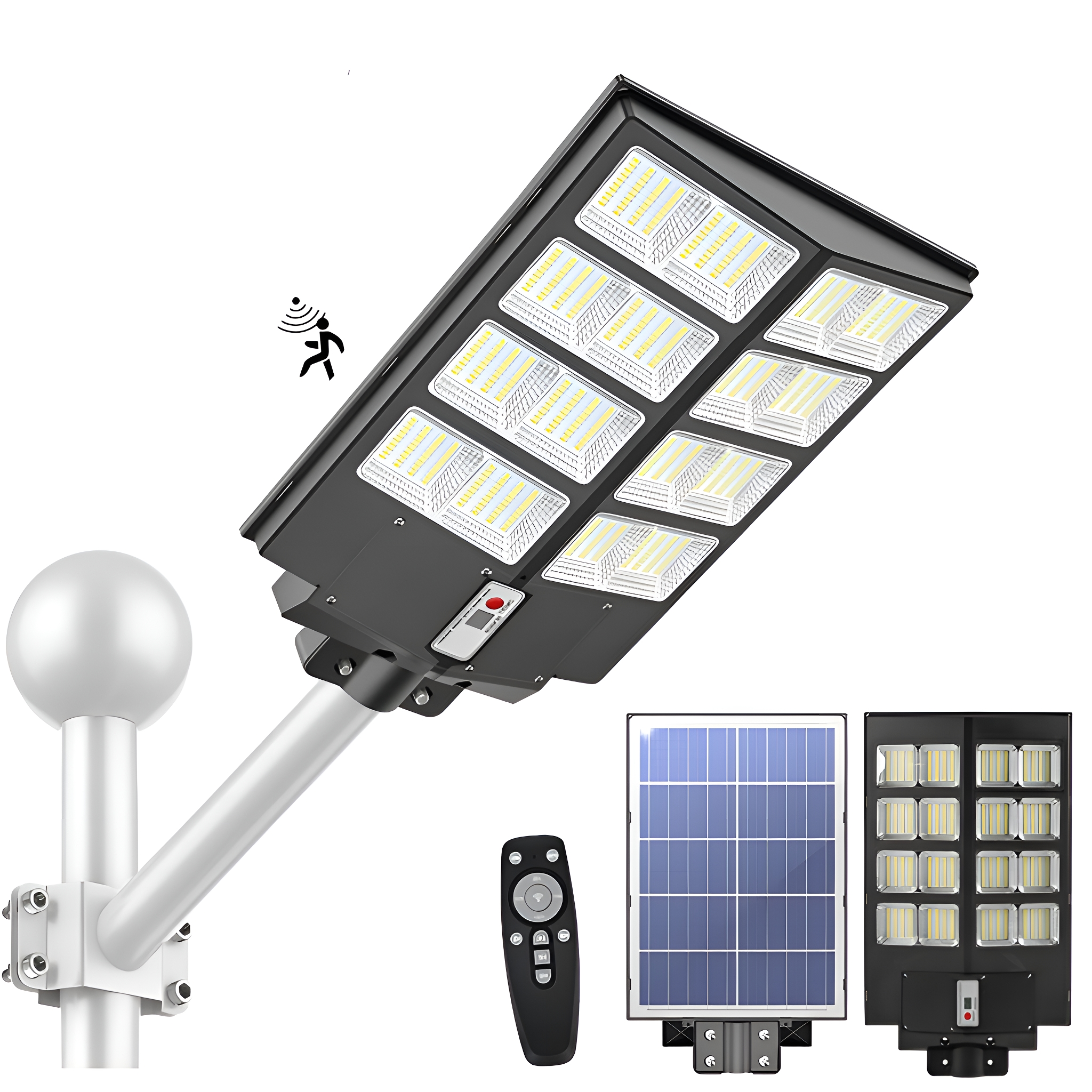 Eine schwarze Solar-Straßenlaterne mit Fernbedienung und Solarpanel.