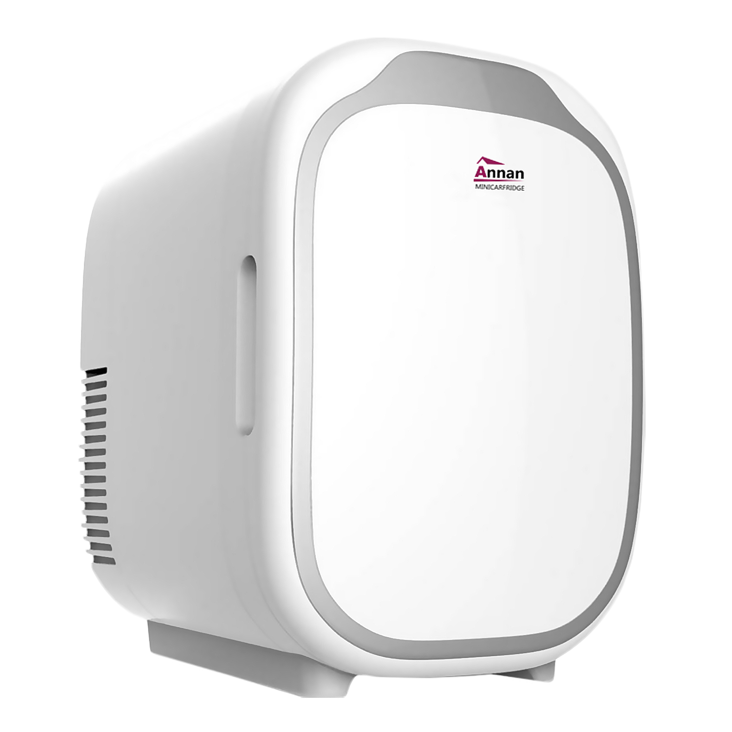Mini frigo bianco con dettagli grigi e marchio 'Annan' sul davanti.