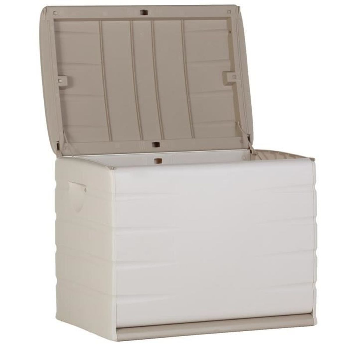 Eine beige Kunststoff-Aufbewahrungsbox mit offenem Deckel.