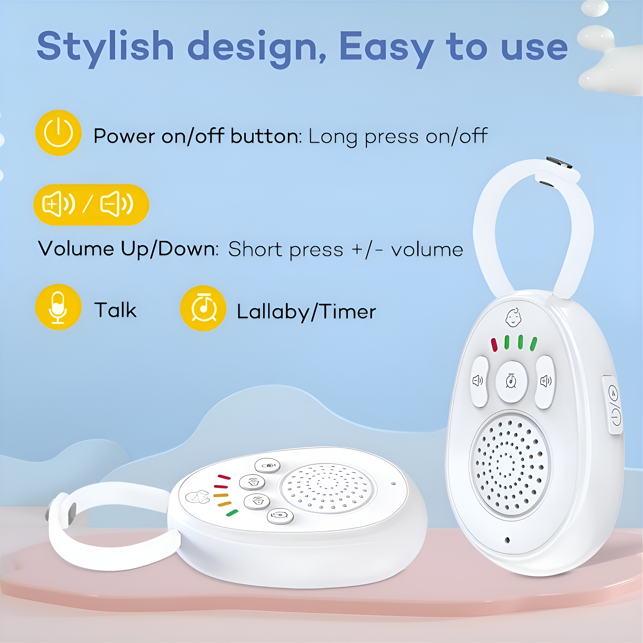 Weißer Babyphone mit Knöpfen. Anweisungen zeigen Funktionen. Schickes Design, einfach zu bedienen.