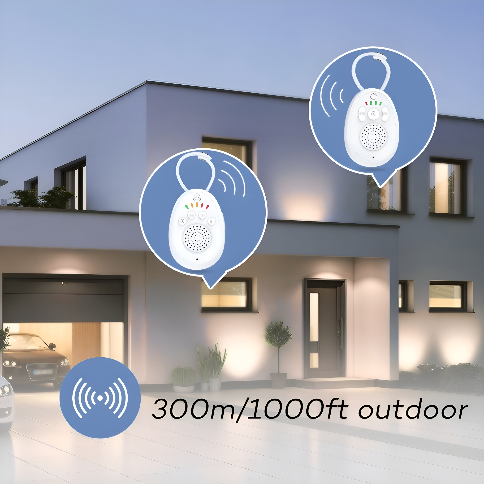 Außenaufnahme eines Hauses mit Babyphone. Text: 300m/1000ft outdoor.