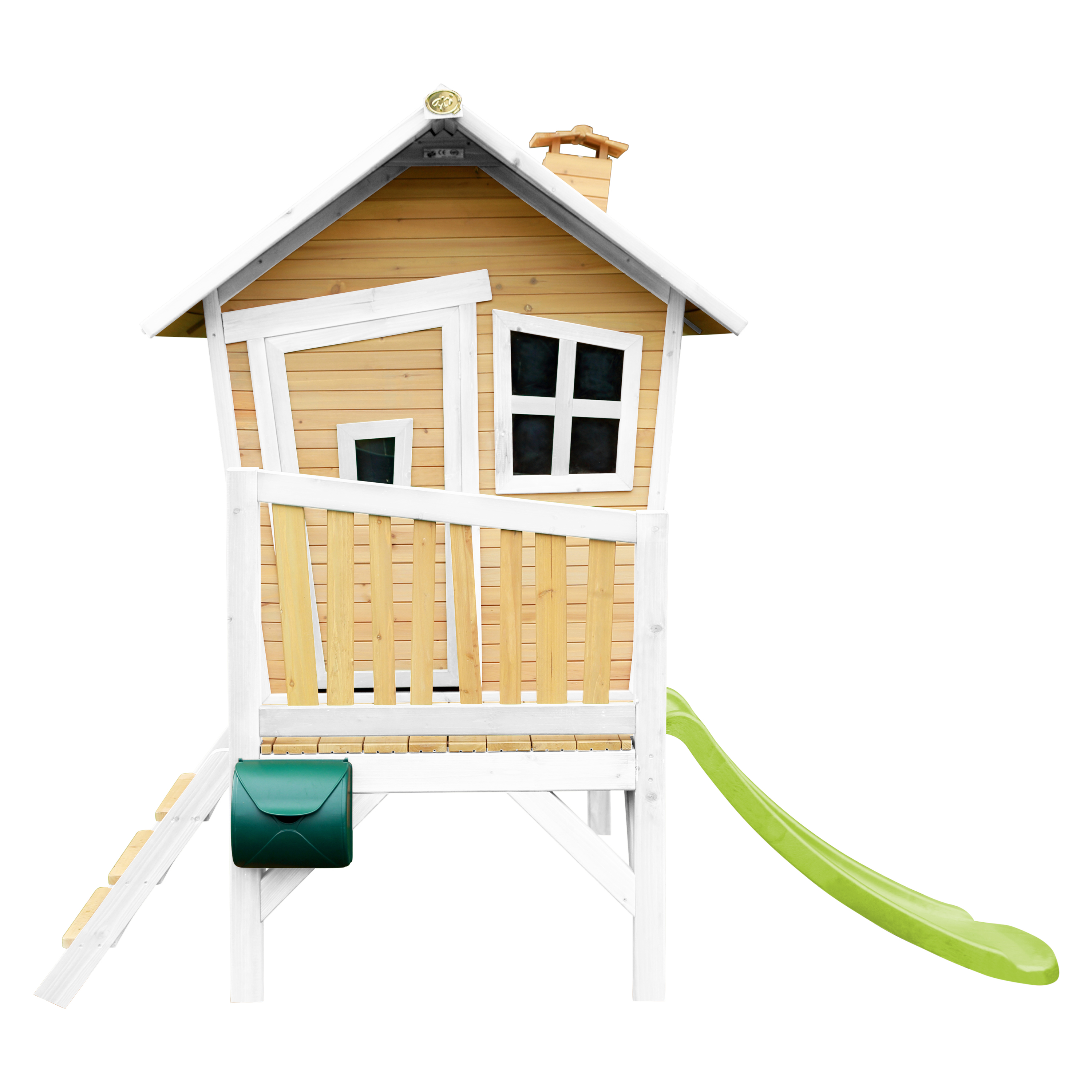 Spielhaus aus Holz mit Rutsche, Briefkasten und Leiter. Das Haus ist hellbraun und weiß.