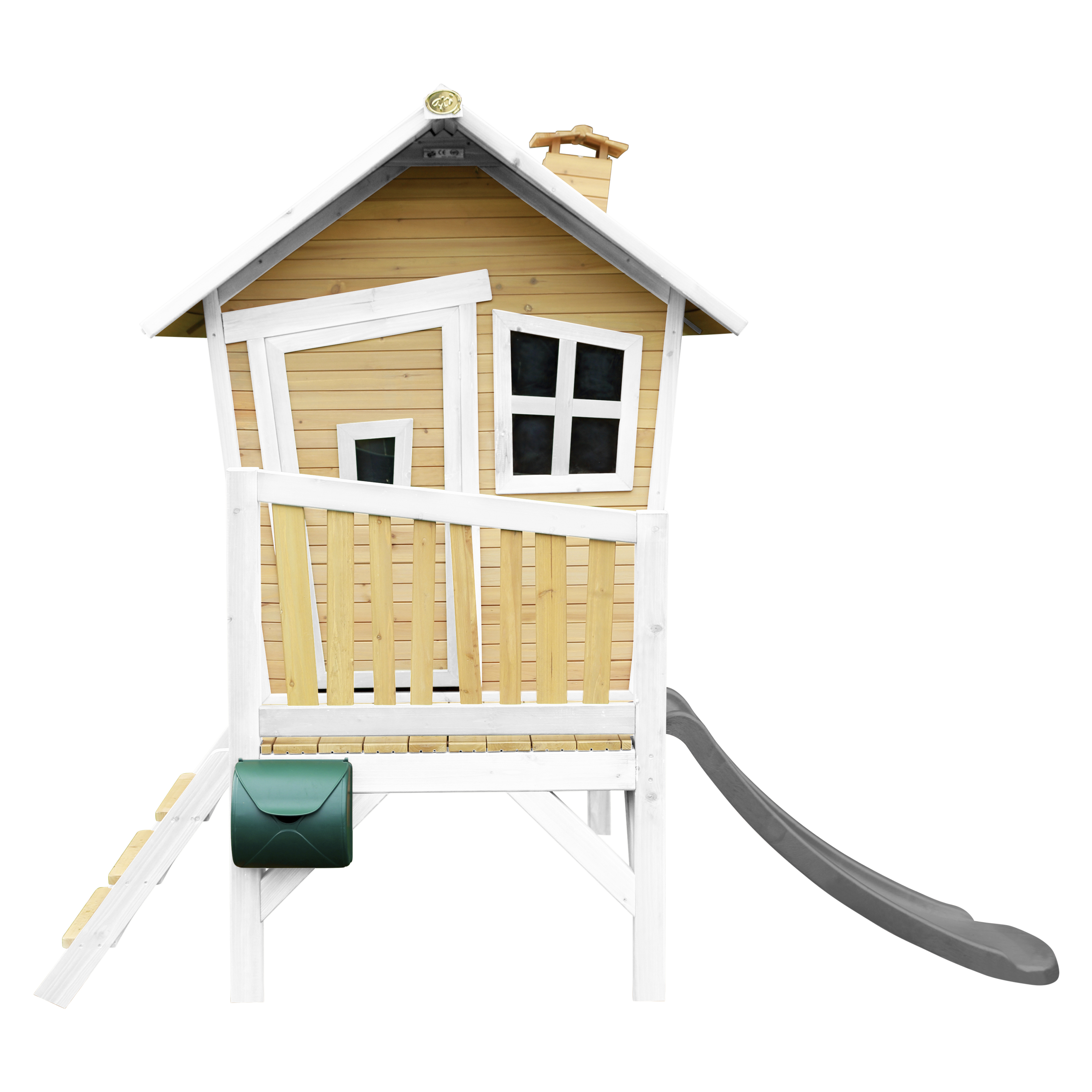 Holzspielhaus mit Rutsche, Briefkasten und Treppe. Weißer Rahmen und graue Rutsche.
