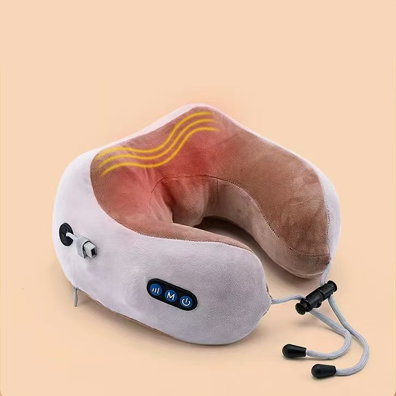 Una almohada para el cuello en forma de U, blanca y marrón, con líneas de onda amarillas y botones de control.
