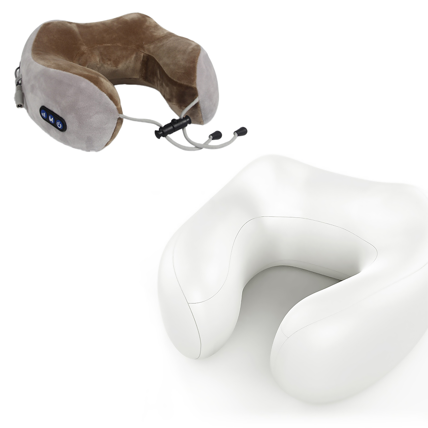 Dos almohadas de viaje: una gris y marrón, y otra blanca.