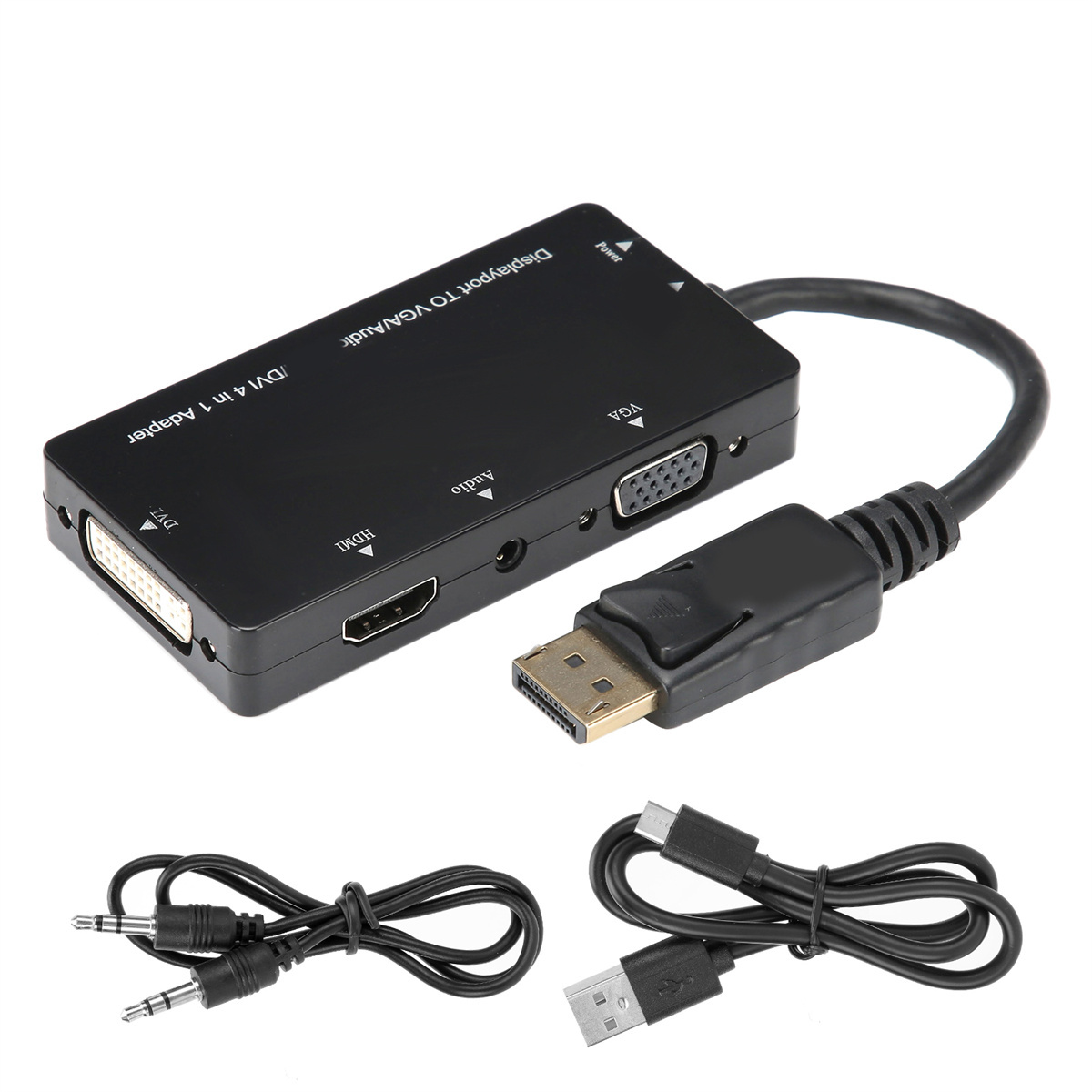 Schwarzer Adapter mit mehreren Anschlüssen und zwei Kabeln. Kabel für Audio- und USB-Anschluss.