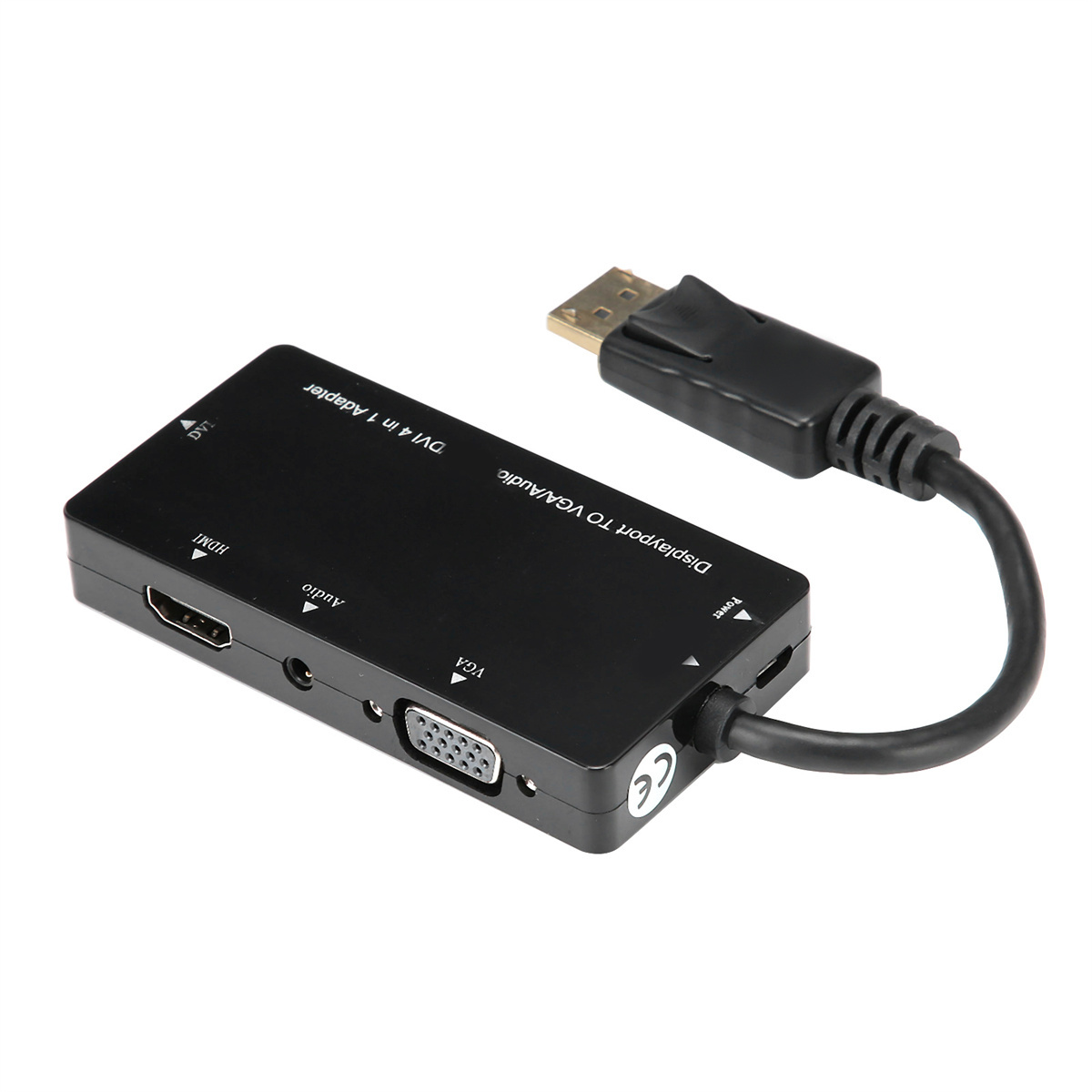 Schwarzer Adapter mit verschiedenen Anschlüssen. HDMI, Audio, VGA und Displayport zu VGA/Audio.