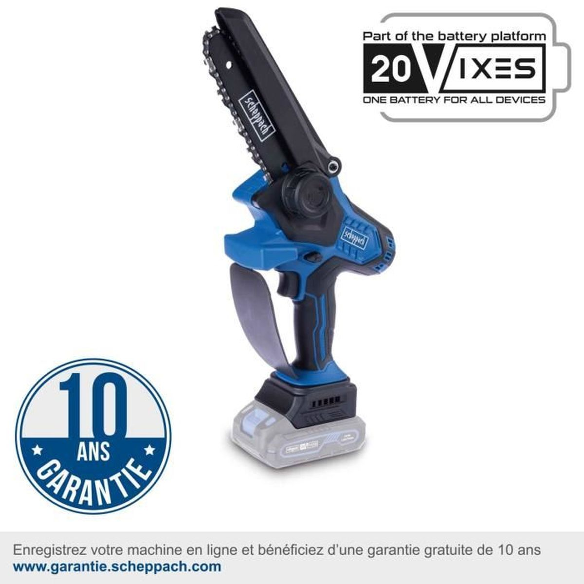 Blaue und schwarze Scheppach Mini-Kettensäge. Batterie- und Garantieinformationen enthalten.