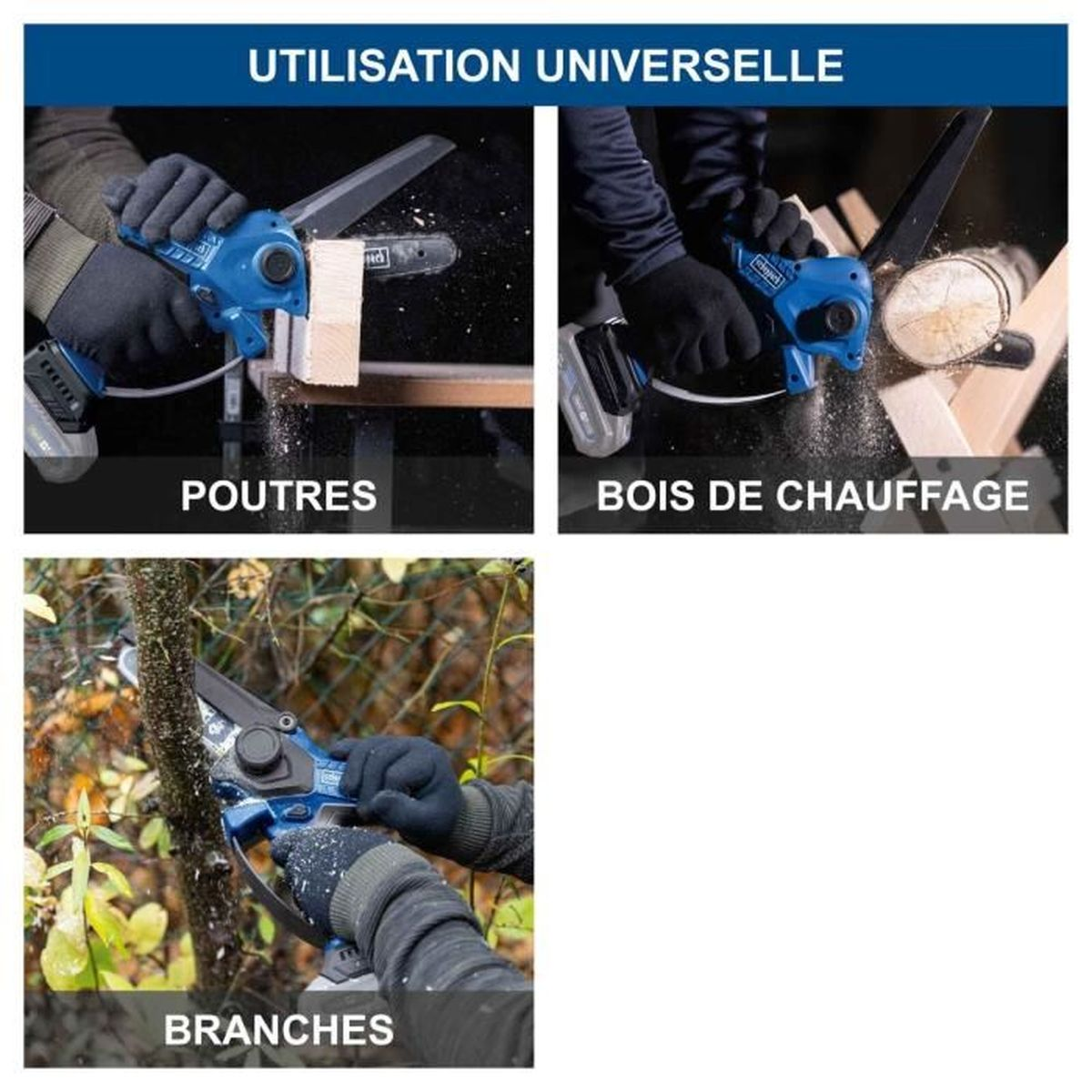 Collage mit Bildern einer blauen Kettensäge beim Schneiden von Holz, Ästen und Balken.