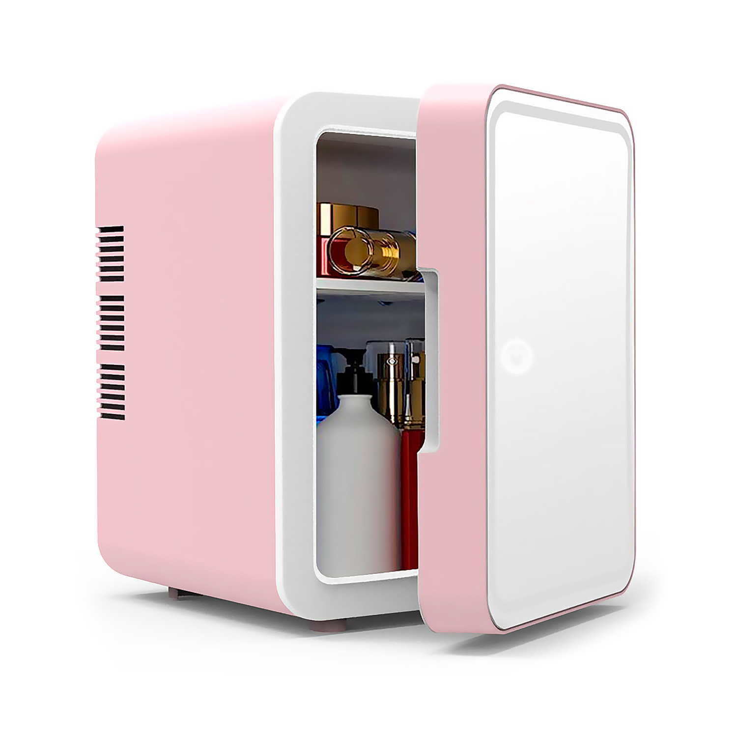 Un mini-frigorifero rosa con la porta aperta, che mostra ripiani con prodotti all'interno.