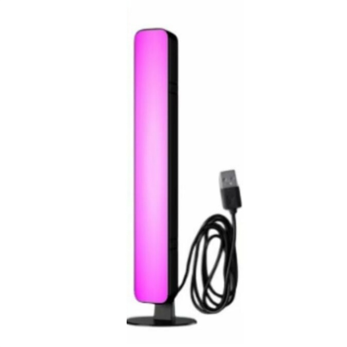 Eine hohe, schwarze und rosa LED-Lichtleiste. Ein schwarzes USB-Kabel verbindet sie mit einem USB-Stecker.
