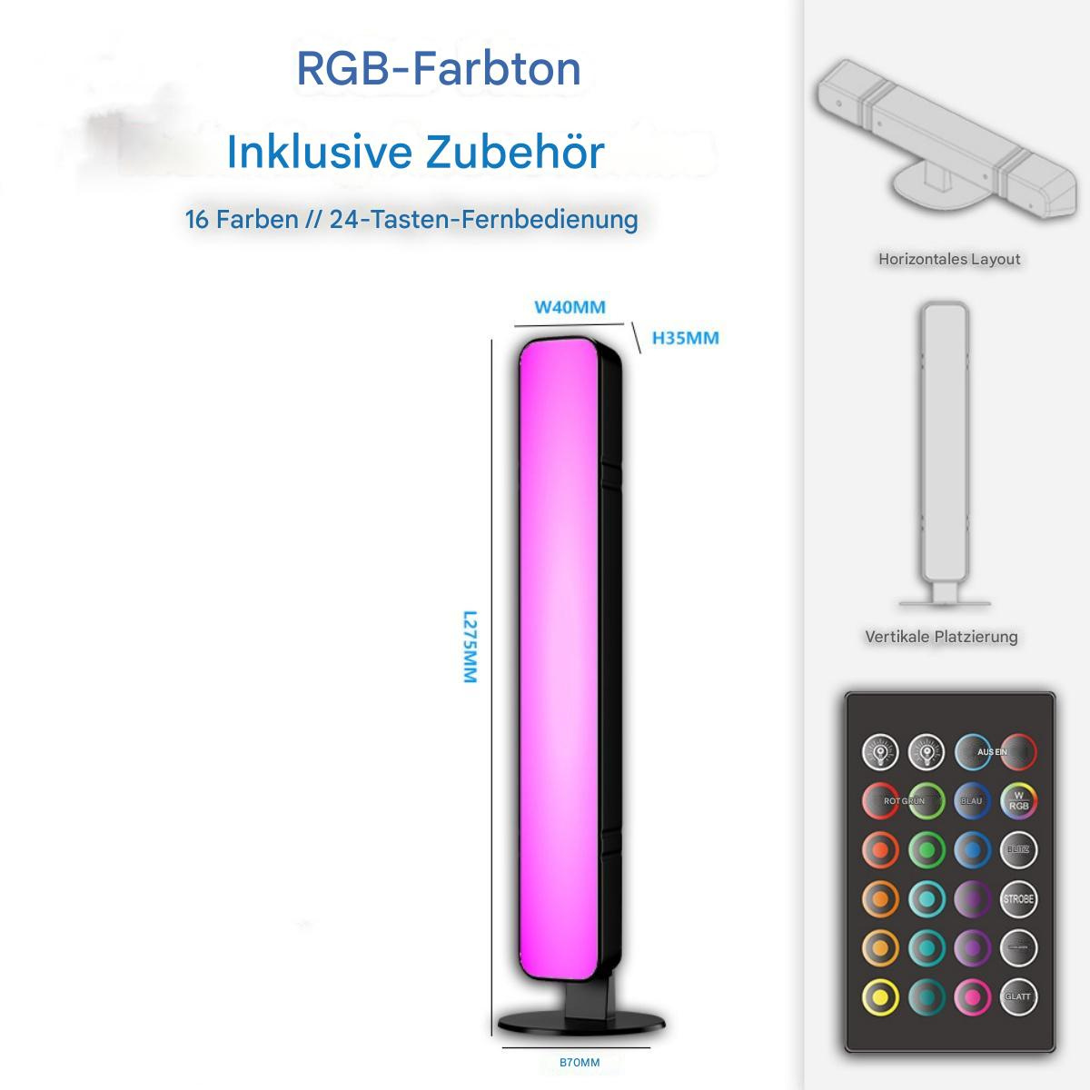 RGB-LED-Licht. Enthält Fernbedienung und Diagramme für horizontale und vertikale Platzierung.