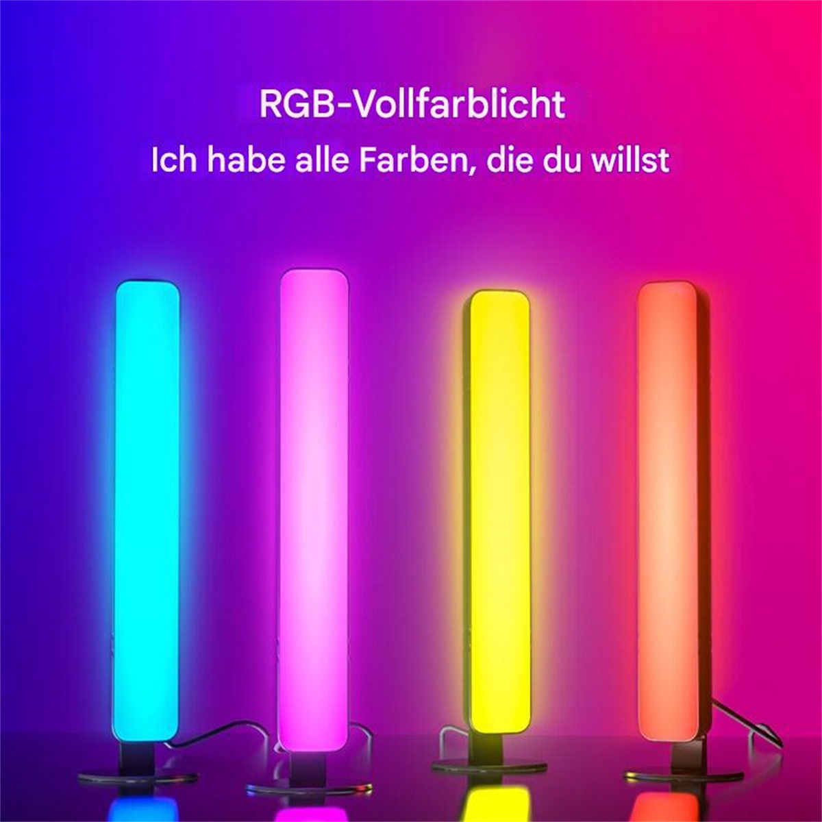 Vier bunte Lichtstäbe auf schwarzer Basis. Der Hintergrund ist ein Farbverlauf.