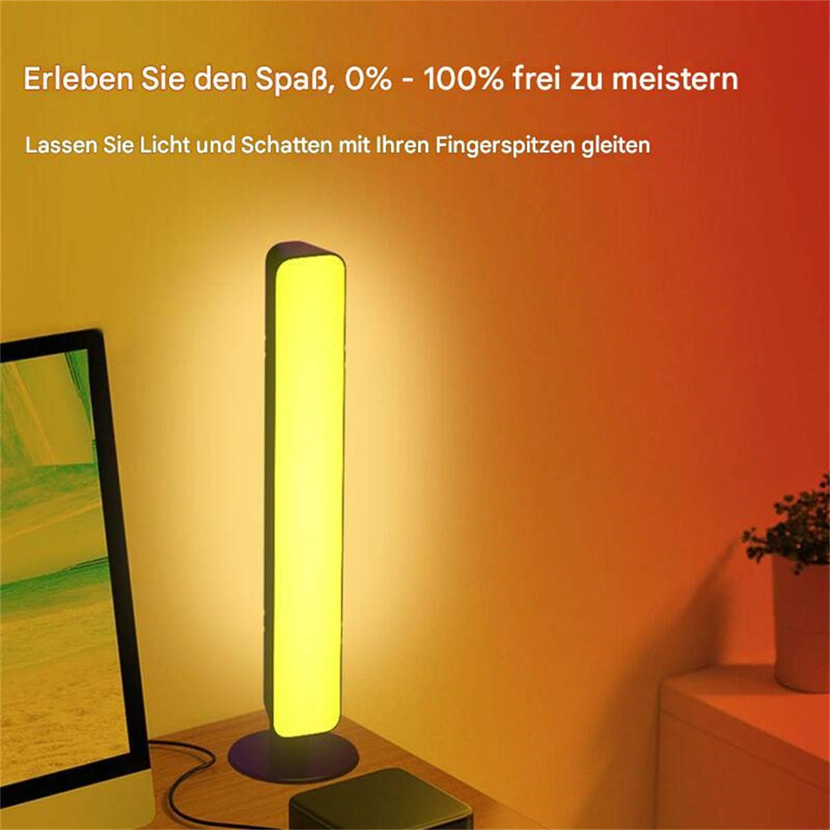 Eine gelb beleuchtete, rechteckige Lichtleiste. Text ist auf Deutsch, mit schwarzem Sockel.