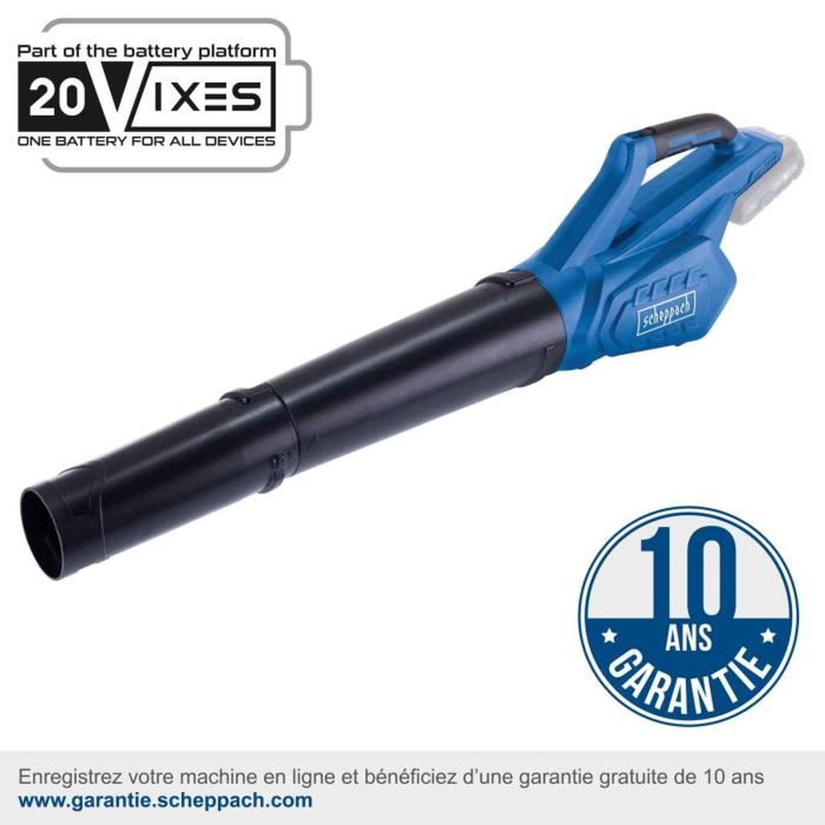 Een blauw-zwarte bladblazer met een handvat en batterijsymbool, met de tekst "10 ANS GARANTIE".