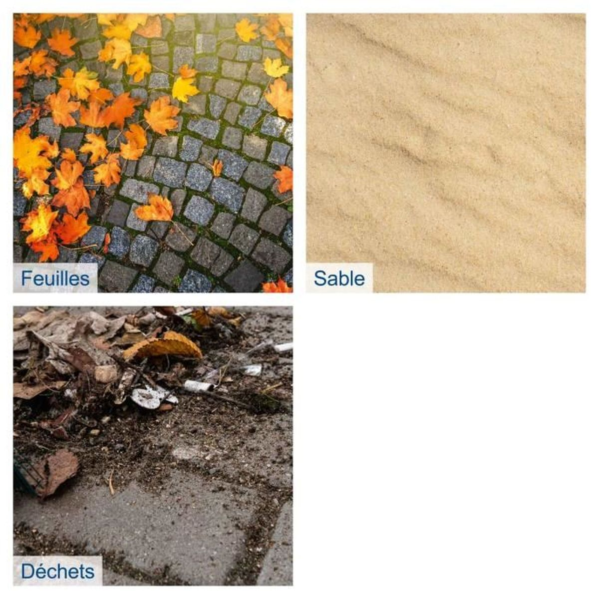 Herfstbladeren, zand en afval op de grond. Drie afzonderlijke afbeeldingen.