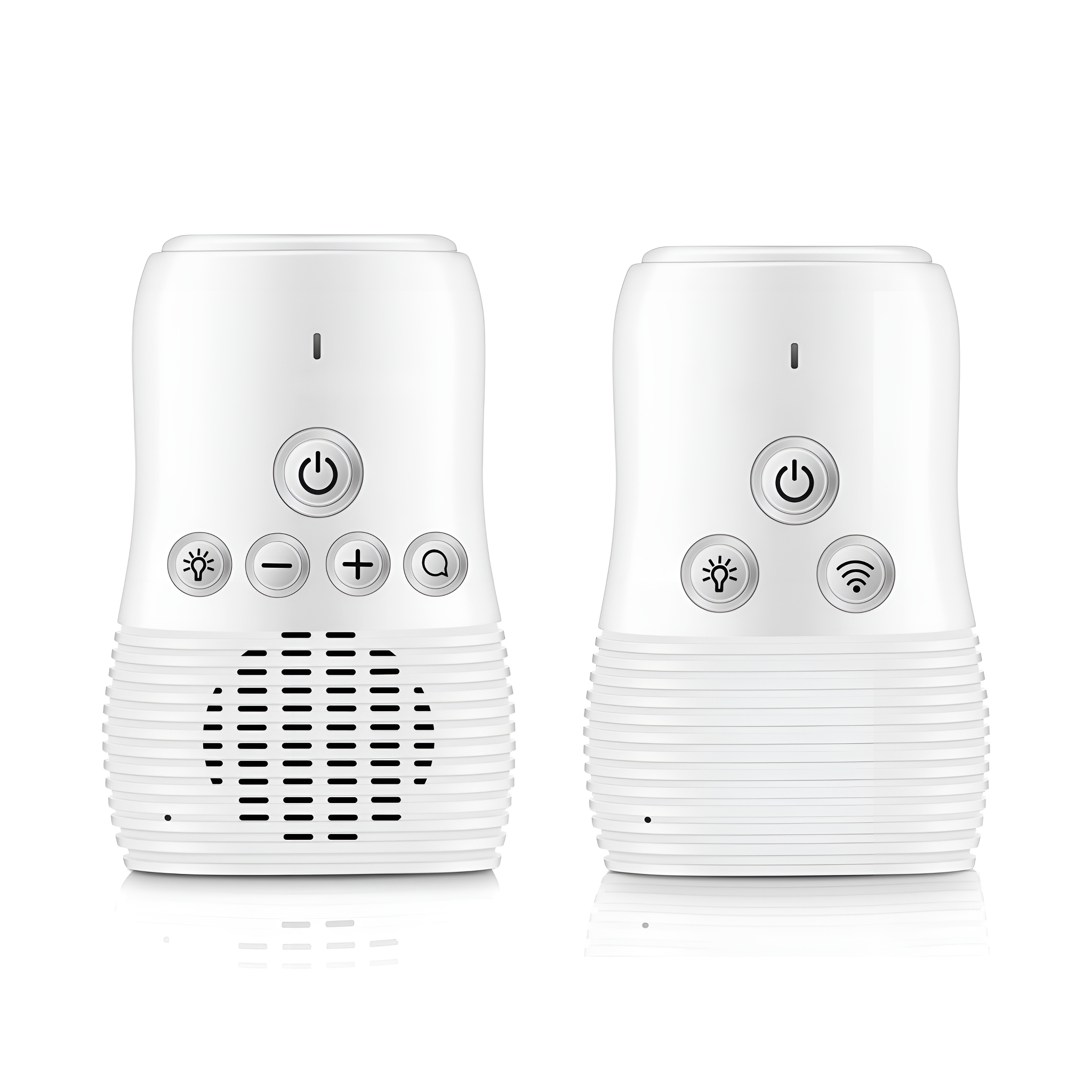 Zwei weiße Babyphone. Eines hat einen Ein-/Ausschalter und Lautsprecherlöcher. Das andere hat ein WLAN-Symbol.