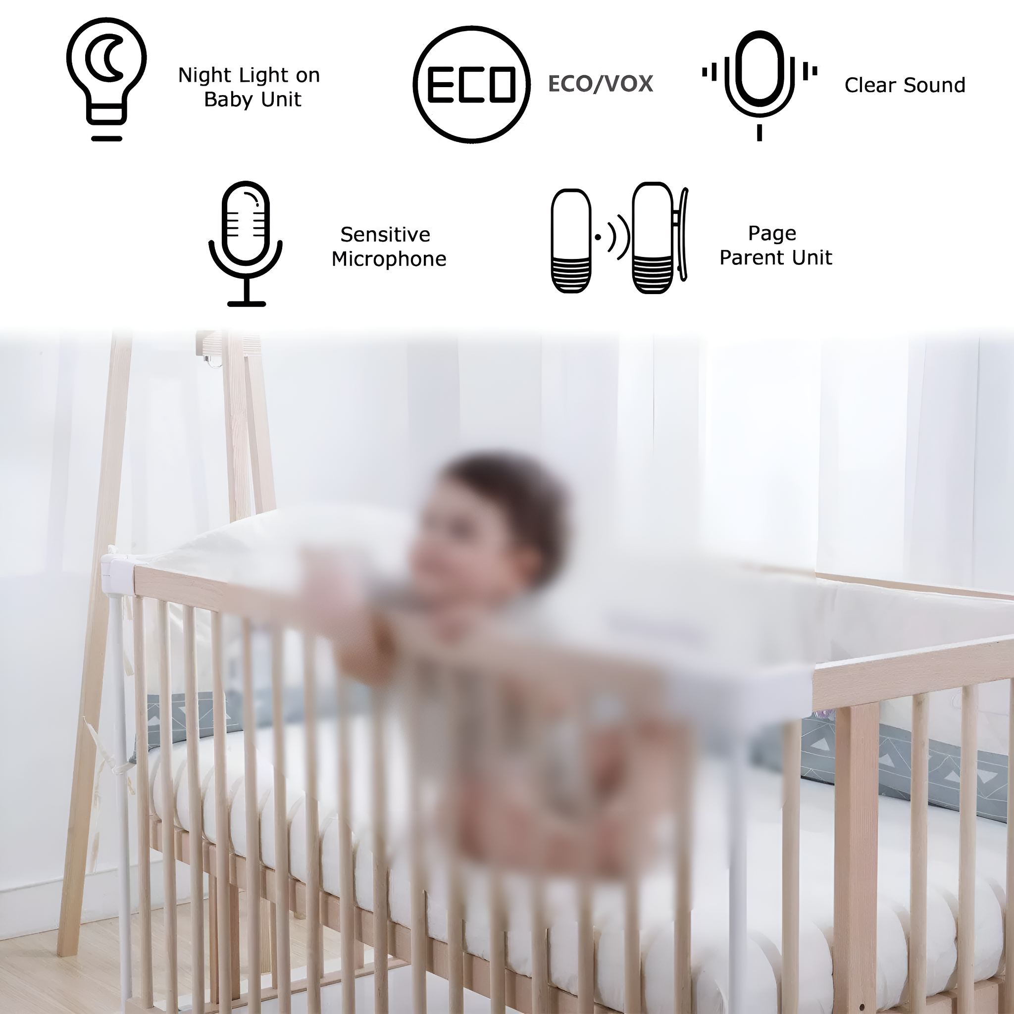 Ein Babyfon-Setup mit einem Baby in einem Kinderbett. Symbole für Funktionen umgeben das Kinderbett.