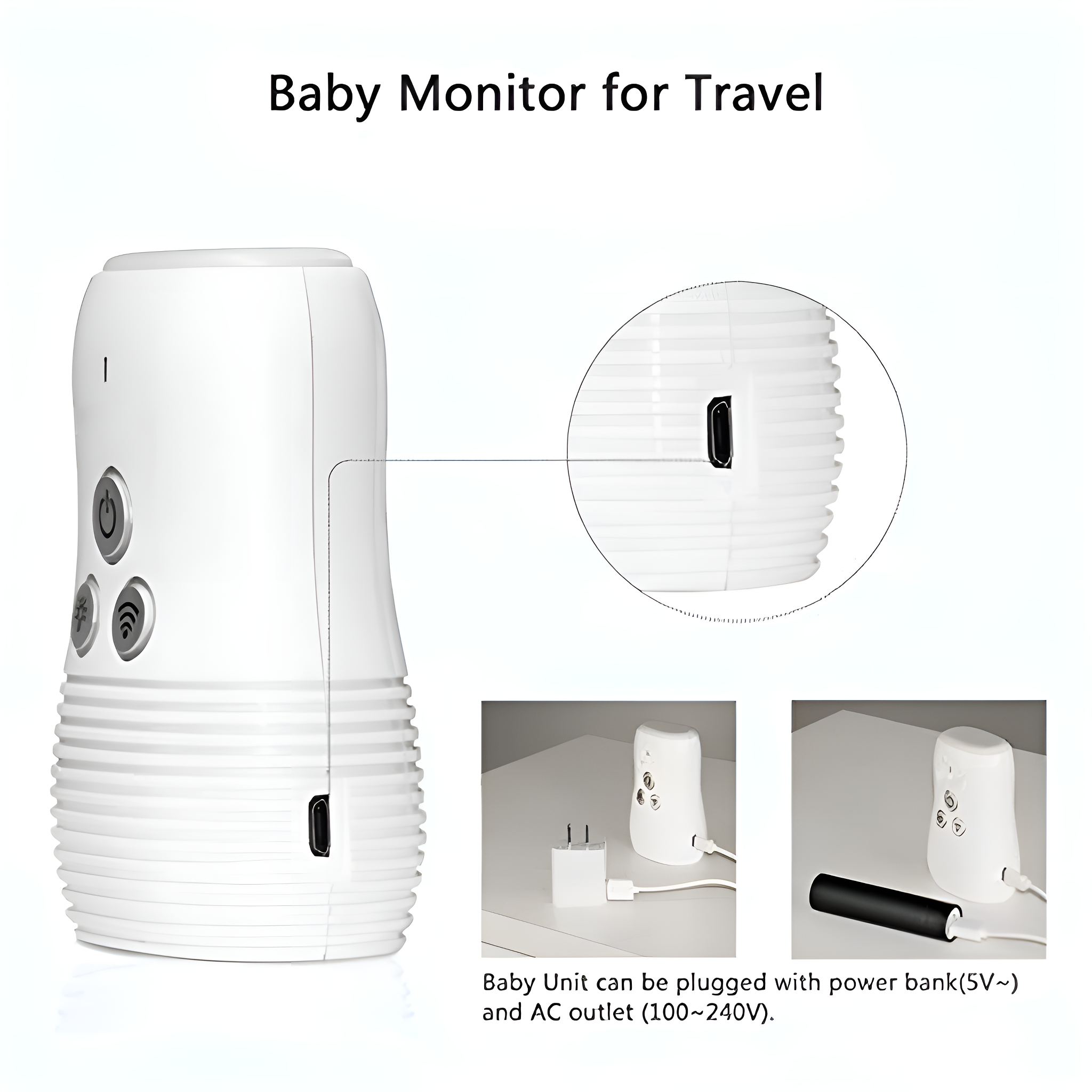 Babyphone mit Details. Merkmale: Knöpfe, USB-Anschluss und Illustrationen der Verwendung mit Strom.