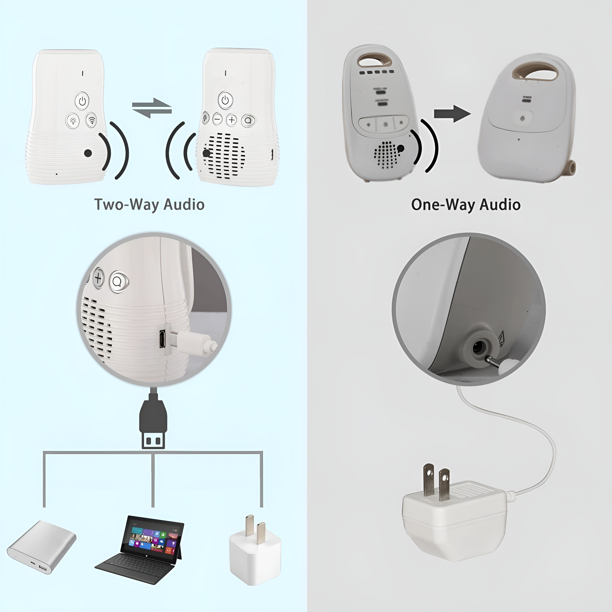 Zwei Babyphone. Eines zeigt Zwei-Wege-Audio und das andere Ein-Wege-Audio.