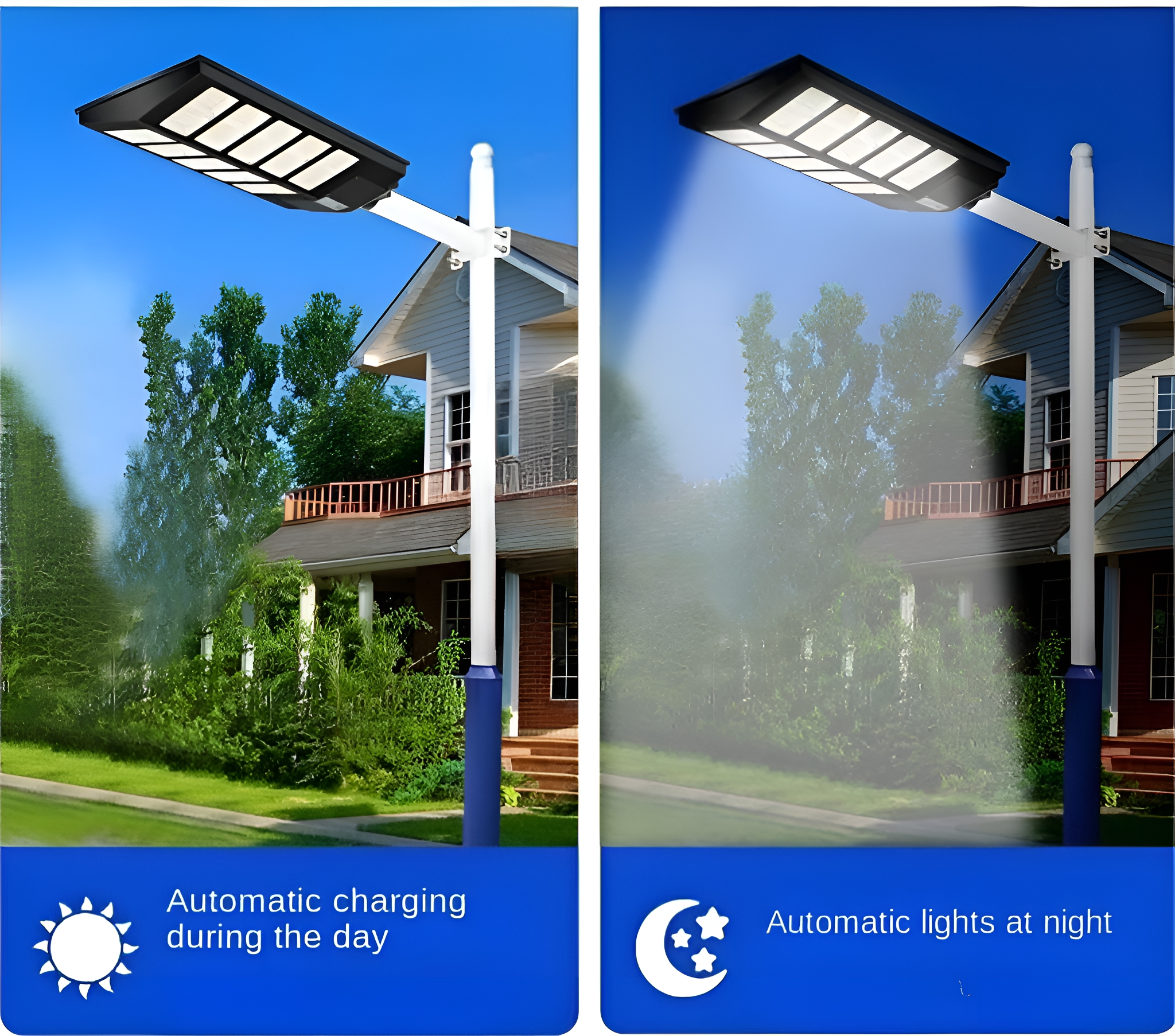Zwei Bilder zeigen eine solarbetriebene Straßenlampe: Aufladen bei Tageslicht und Beleuchtung bei Nacht.